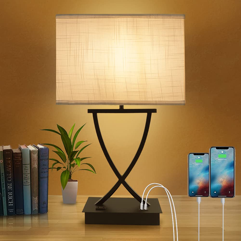 Oyedis 3-Way Dimmable Touch Control Table Lamp With Type C/Usb Charging Port And 1 Ac Outlet White Linen Shade 21.38'' Bedside N