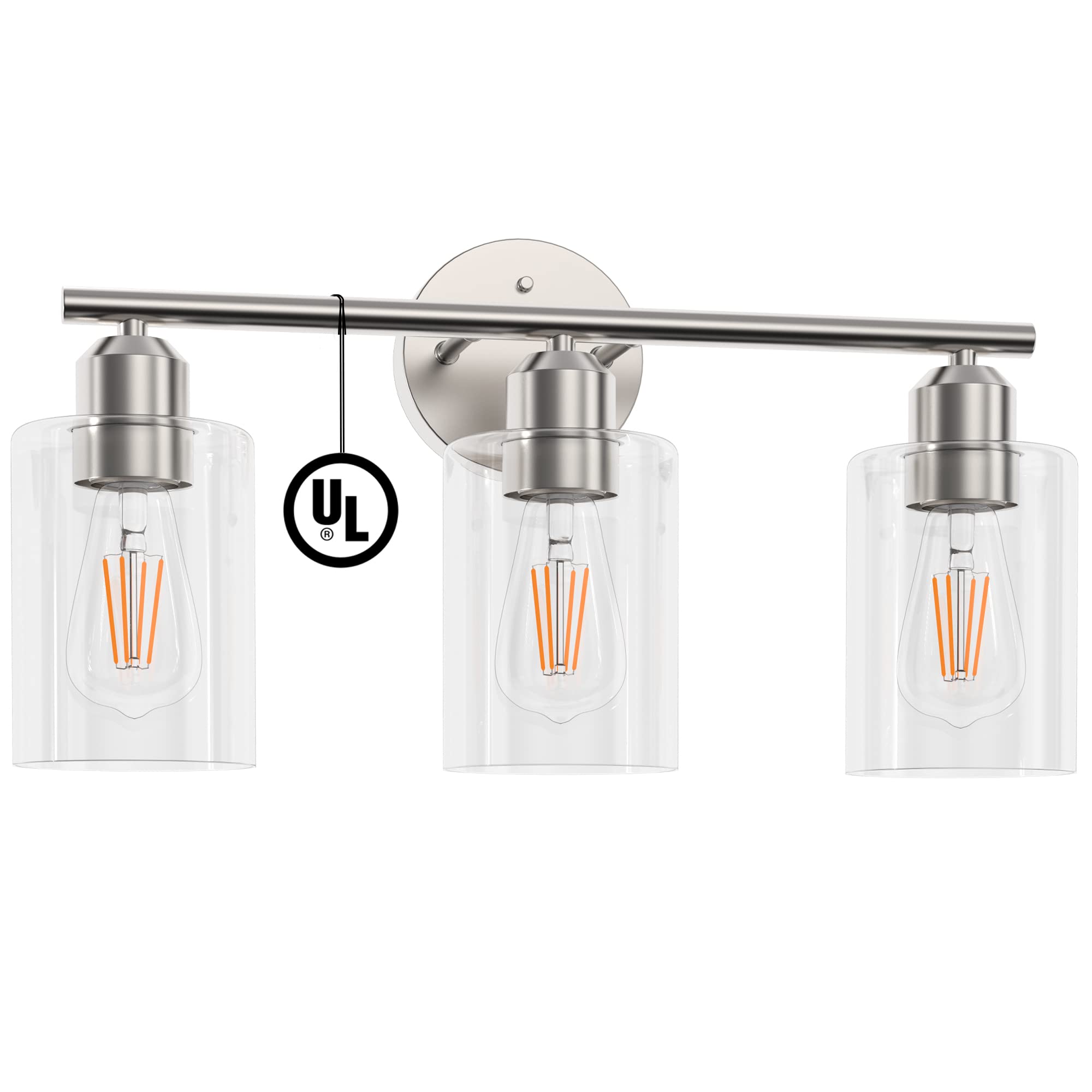 Espird 3 Light Bathroom Vanity Light Fixture, Modern Nickel Wall Lighting With Glass Shade, Ul Listed