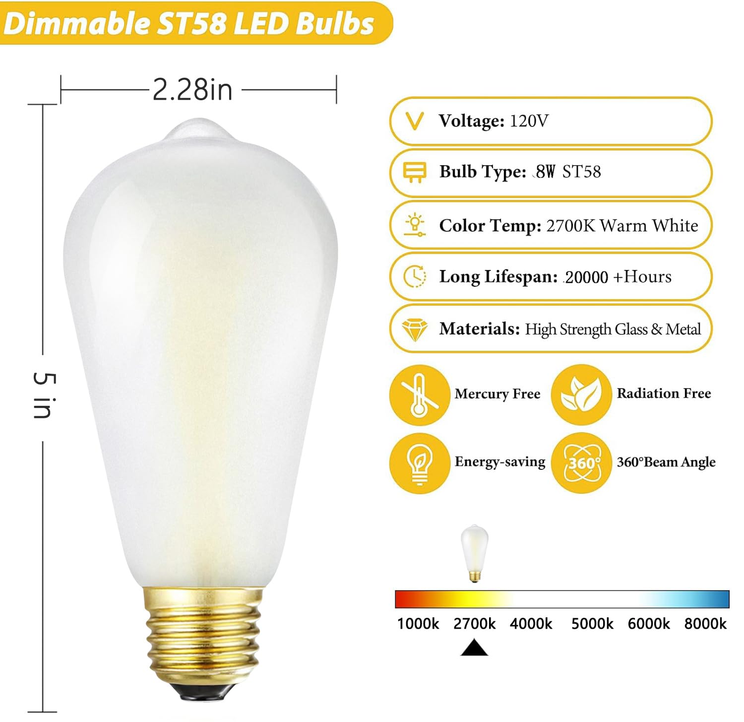 Homosum Dimmable E26 Frosted Led Edison Bulbs, 8W Equivalent 75W, 850Lm,Warm White 2700K,Ac120V,St58 Frosted Light Bulbs With 90