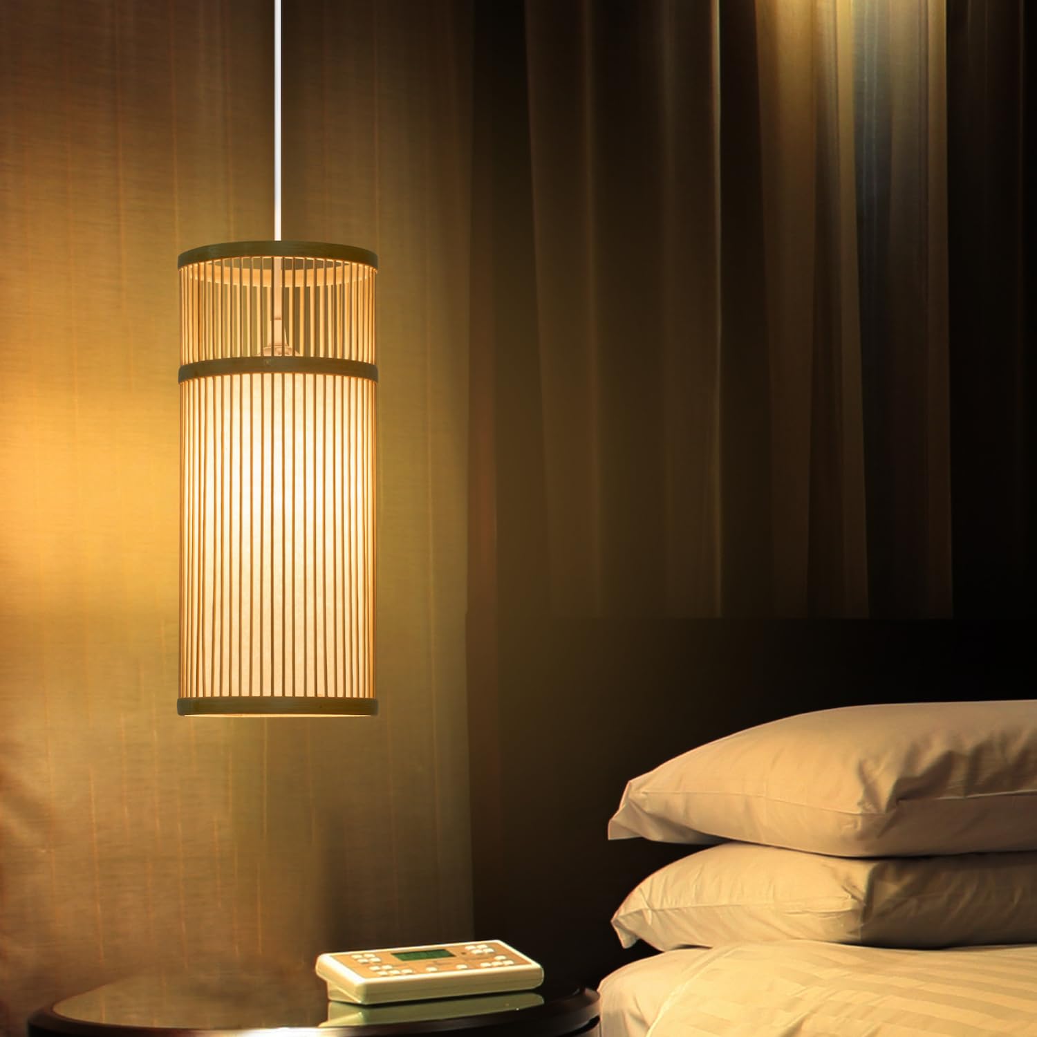 Lumivill Bamboo Pendant Light - Mini Pendant Lights Bedroom - Natural Elegant Woven Pendant Light; Wood Pendant Light For Home D