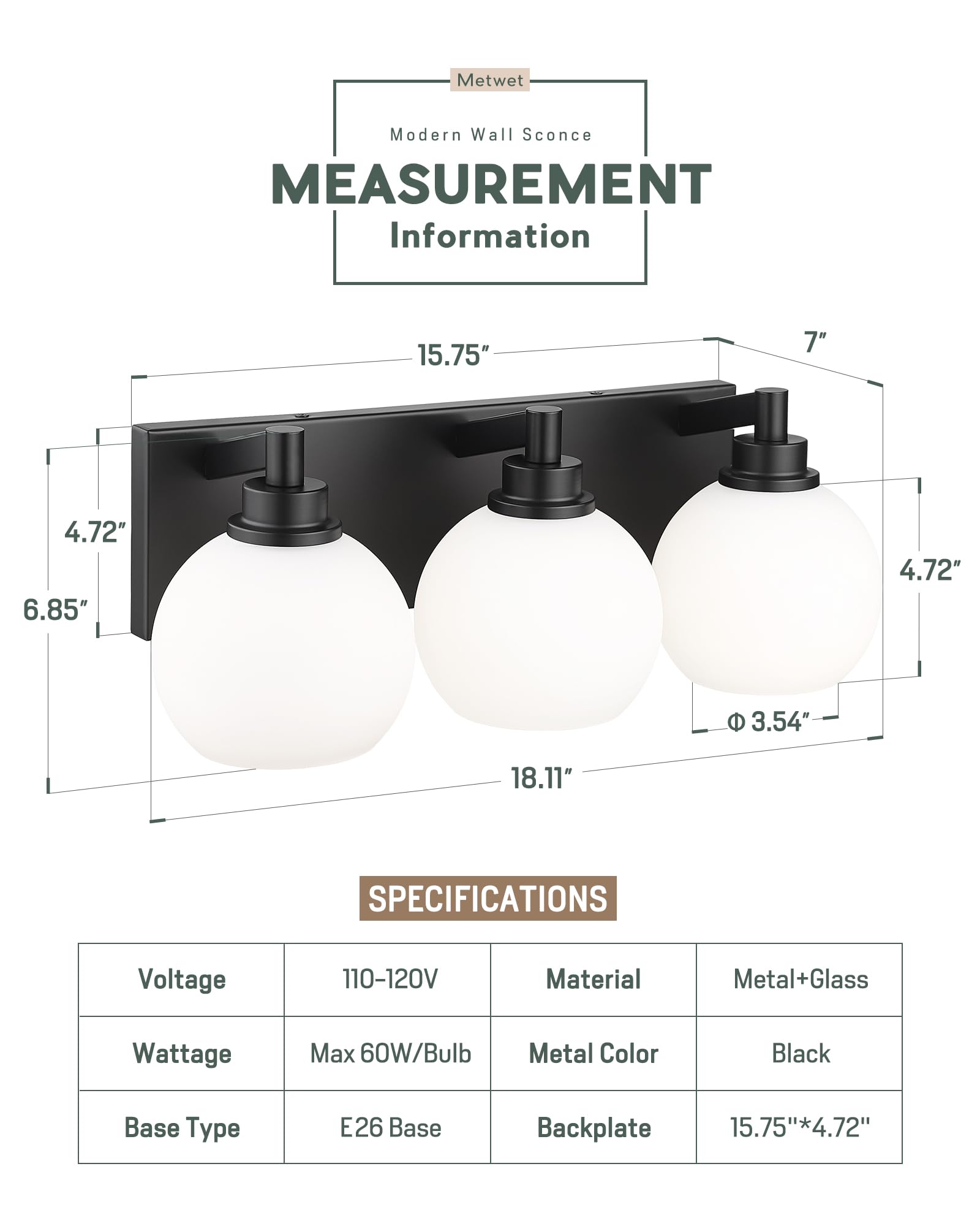 METWET 3-Light Bathroom Vanity Light Fixture, Matte Black with Milk Glass Shades, Model VL195-MB-ML-3