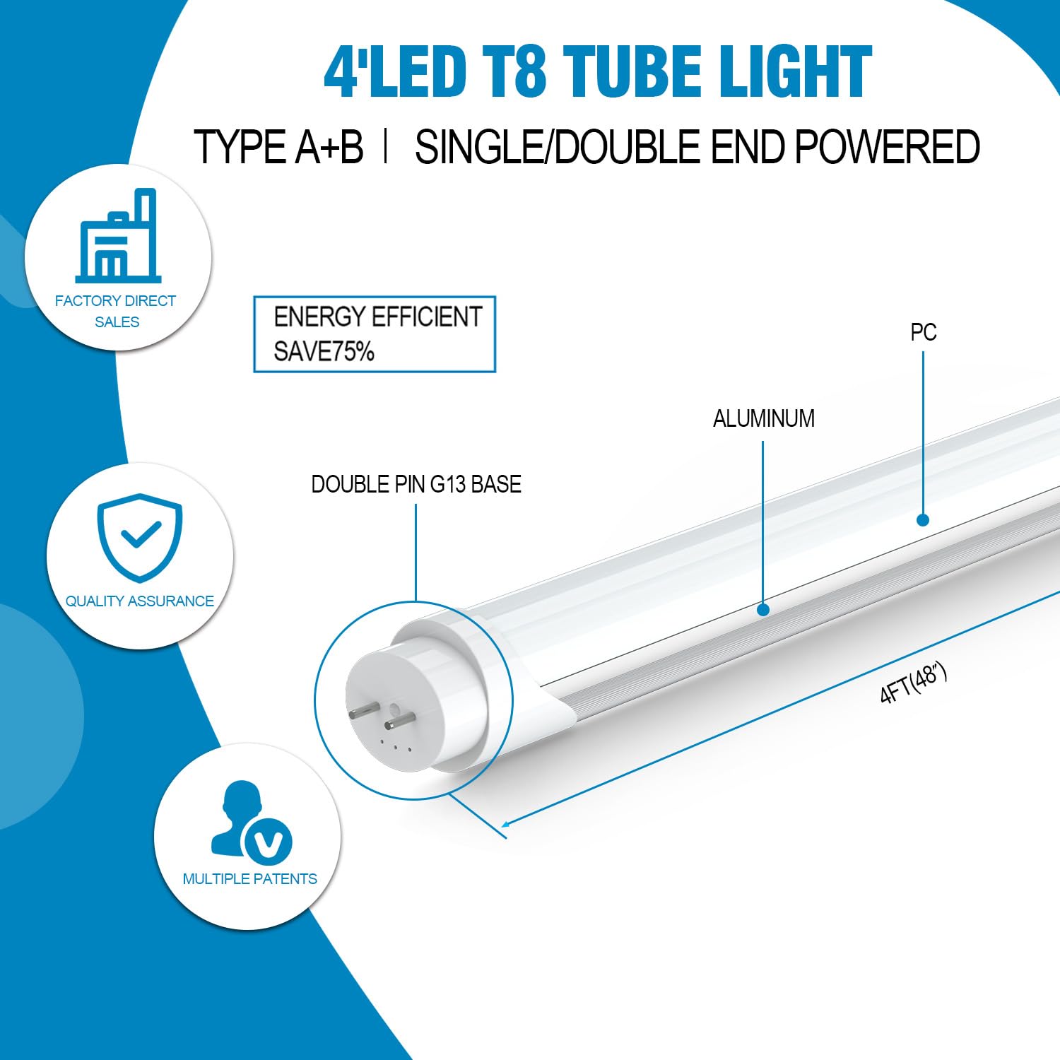 Rgbylediison 4Ft T8 Tube Lights, T8 T12 Led Bulbs 4 Foot Hybrid Type A+B Bulbs, Super Bright 24W 5000K 3120Lm, Led Fluorescent T