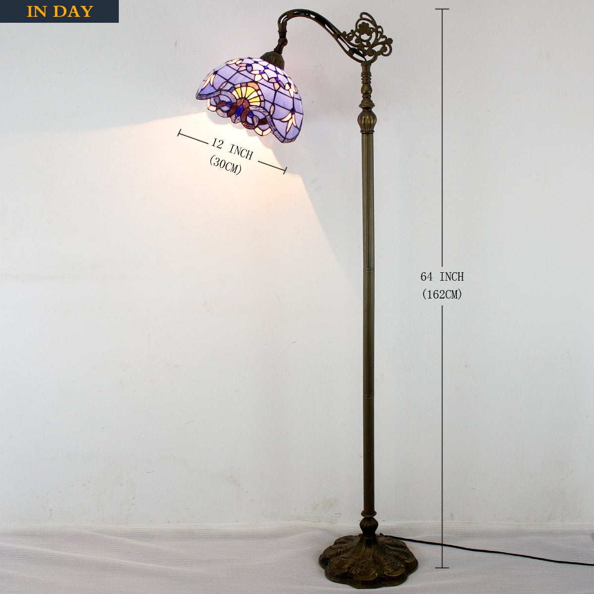 WERFACTORY Tiffany Floor Lamp - Blue Purple Stained Glass, Arched Gooseneck, 12X18X64 Inch, Corner Reading Light, S003C Series