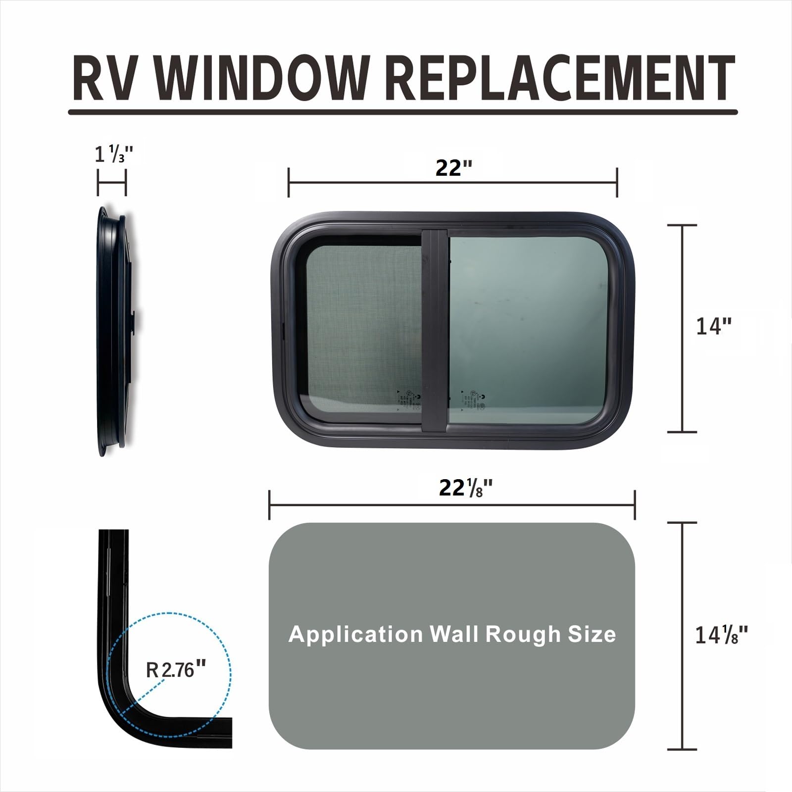 TZGP RV Window, 14 W X 22 H, Vertical Slide Teardrop Windows, RV Window Replacement, Trailer Window Complete Installation kit In