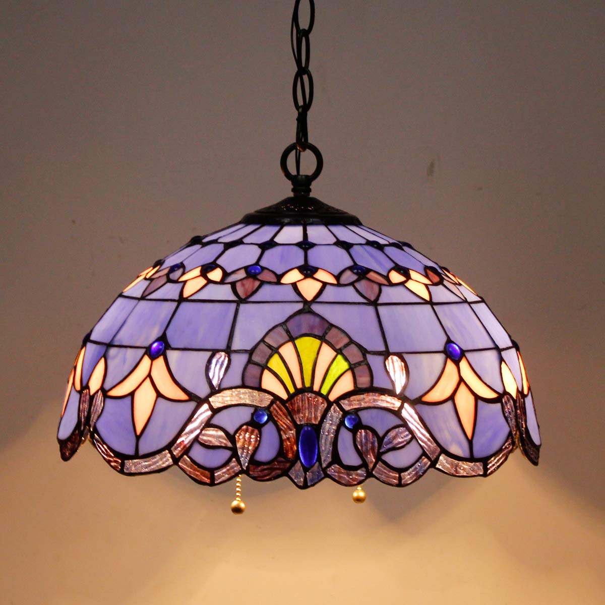WERFACTORY Tiffany Pendant Lamp Blue Purple Stained Glass 16 Inch Wide 40 Inch Height S003C Series