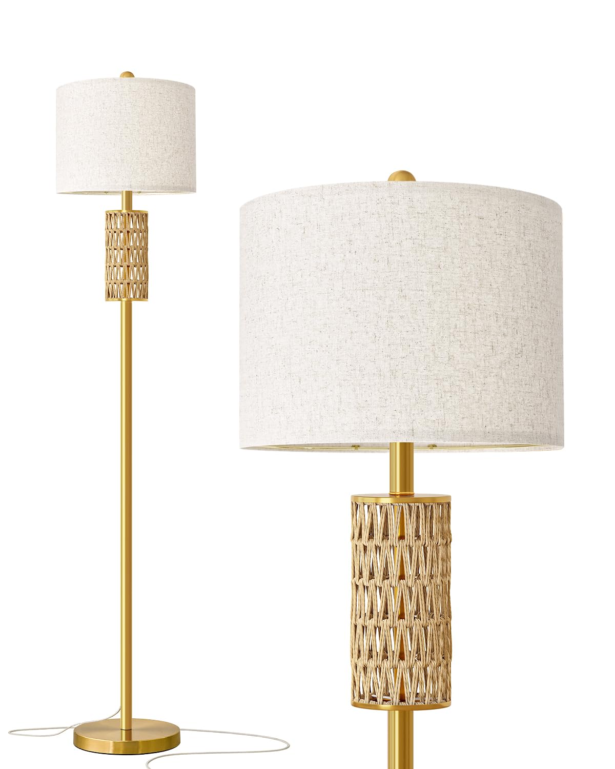 Oneach 62Modern Floor Lamp For Living Room, Gold Boho Standing Lamp With Unique Rattan Design, Rotary Switch, Farmhouse Tall Lam