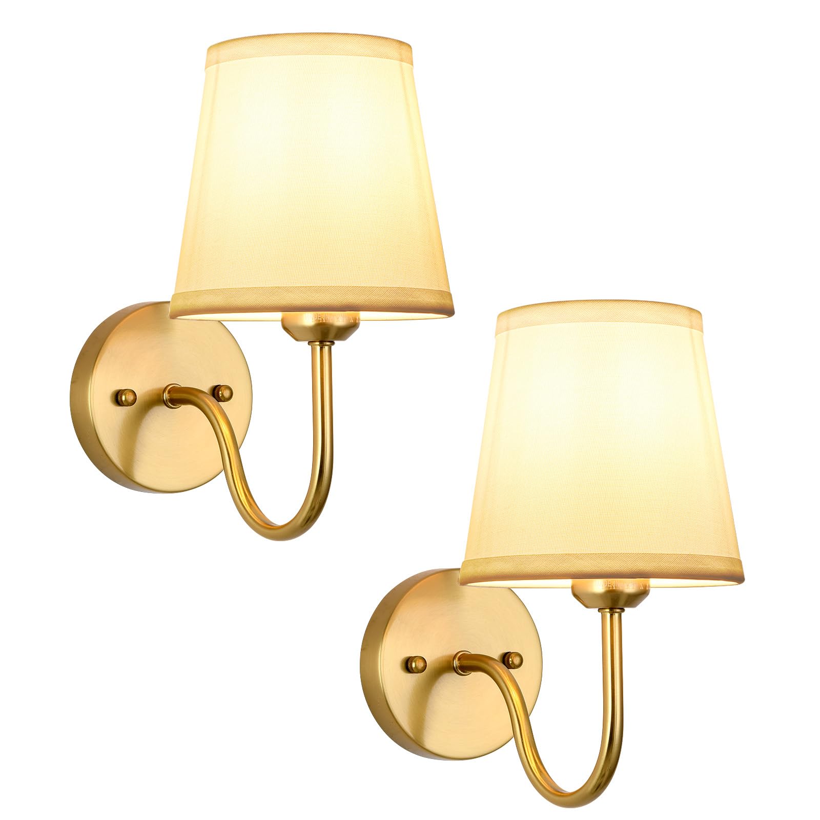 Smeike Gold Wall Sconce Set of 2 - Iron Vanity Lighting with Light Beige Shades, Model LW009-2PK for Bedroom, Living Room, Hallway