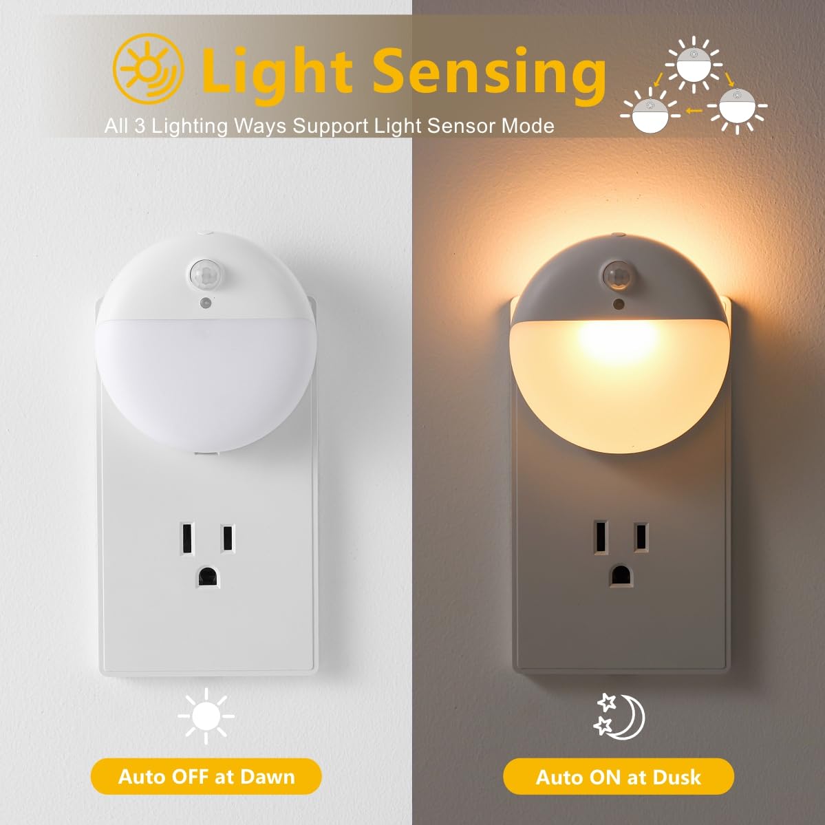 Yunlex 2 Pack Plug In Night Light With 3 Lighting Ways, Stepless Dimming, Light Sensor, Warm White Nightlight For Bathroom, Hall