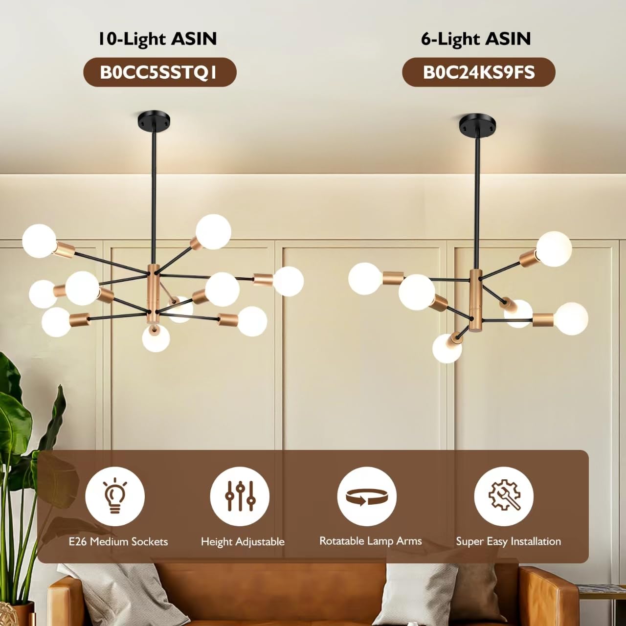 Sheetea 10-Light Sputnik Chandelier, Black And Gold Chandeliers Pendant Lighting, Modern Farmhouse Dinning Room Light Fixture Mid Century Brass, Height Adjustable For Living Room Kitchen Island