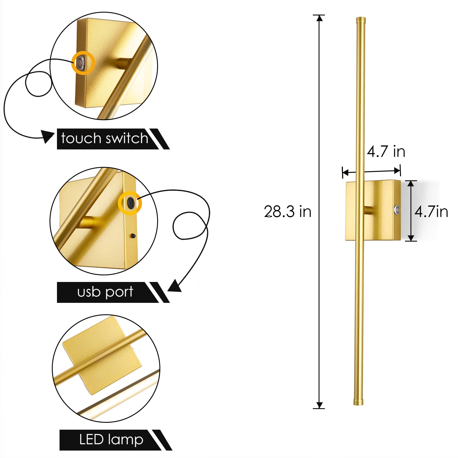 Morpholife LED Wireless Wall Sconce Set of Two - USB Rechargeable, Dimmable, 28.3" Gold Lamps for Hallway/Living Room/Bedroom