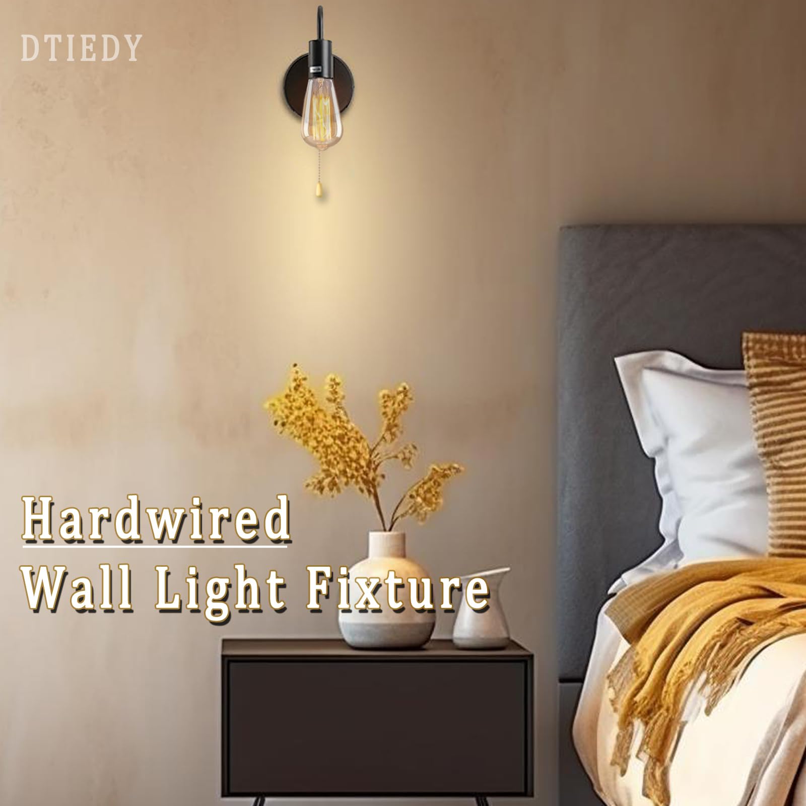 Dtiedy Pull Chain Wall Light Fixture 1-Light Wall Sconce With On Off Switch Hardwired Black Wall Sconces Indoor Vintage Industri