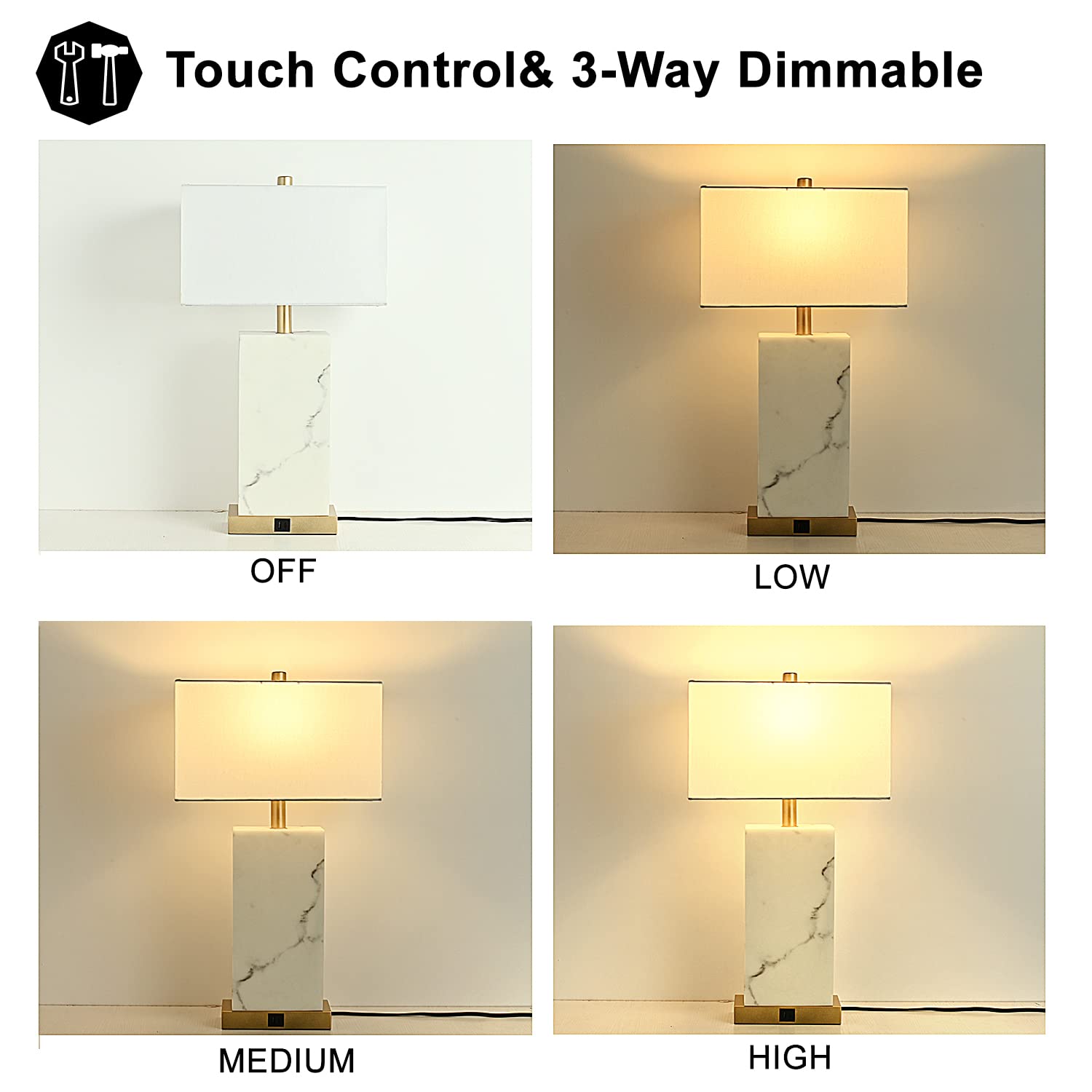 Momyofdy 24&quot; White Touch Control Table Lamp Set Of 2, Usb, 3-Way Dimmable, Gold