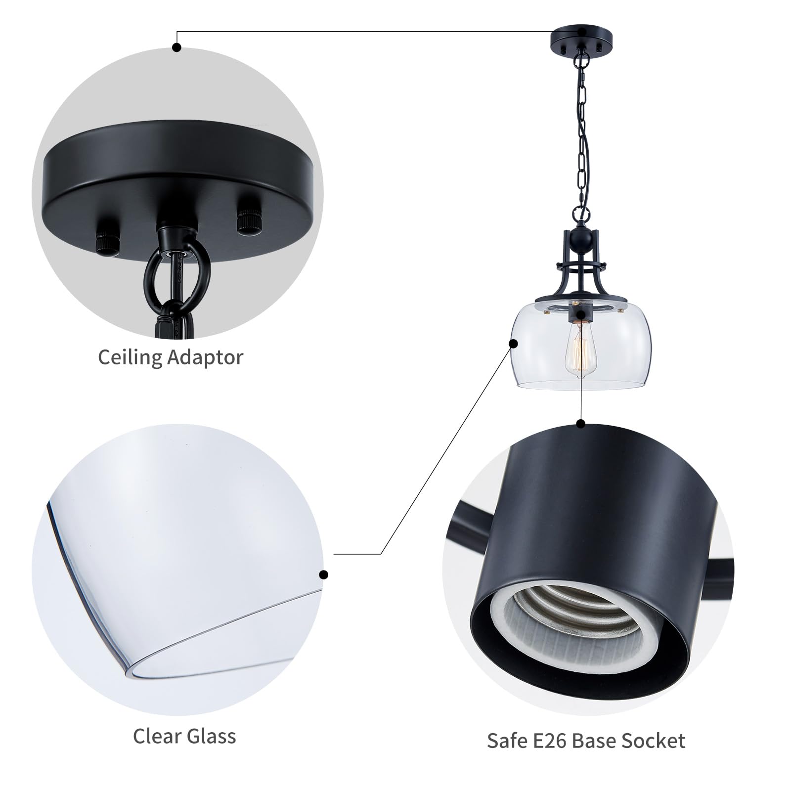 Wuzups Rustic Farmhouse Chandelier, Black Round Led Pendant Light For Dining Room & Kitchen