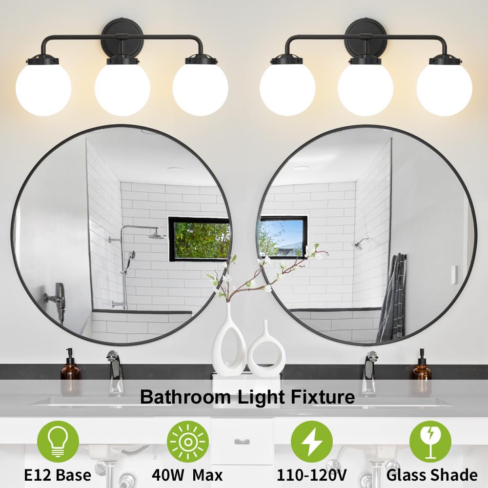 Deyidn Black Bathroom Light Fixtures Over Mirror, 3-Light Modern Vanity Lighting With Milk White Glass Globe Shade Wall Sconce