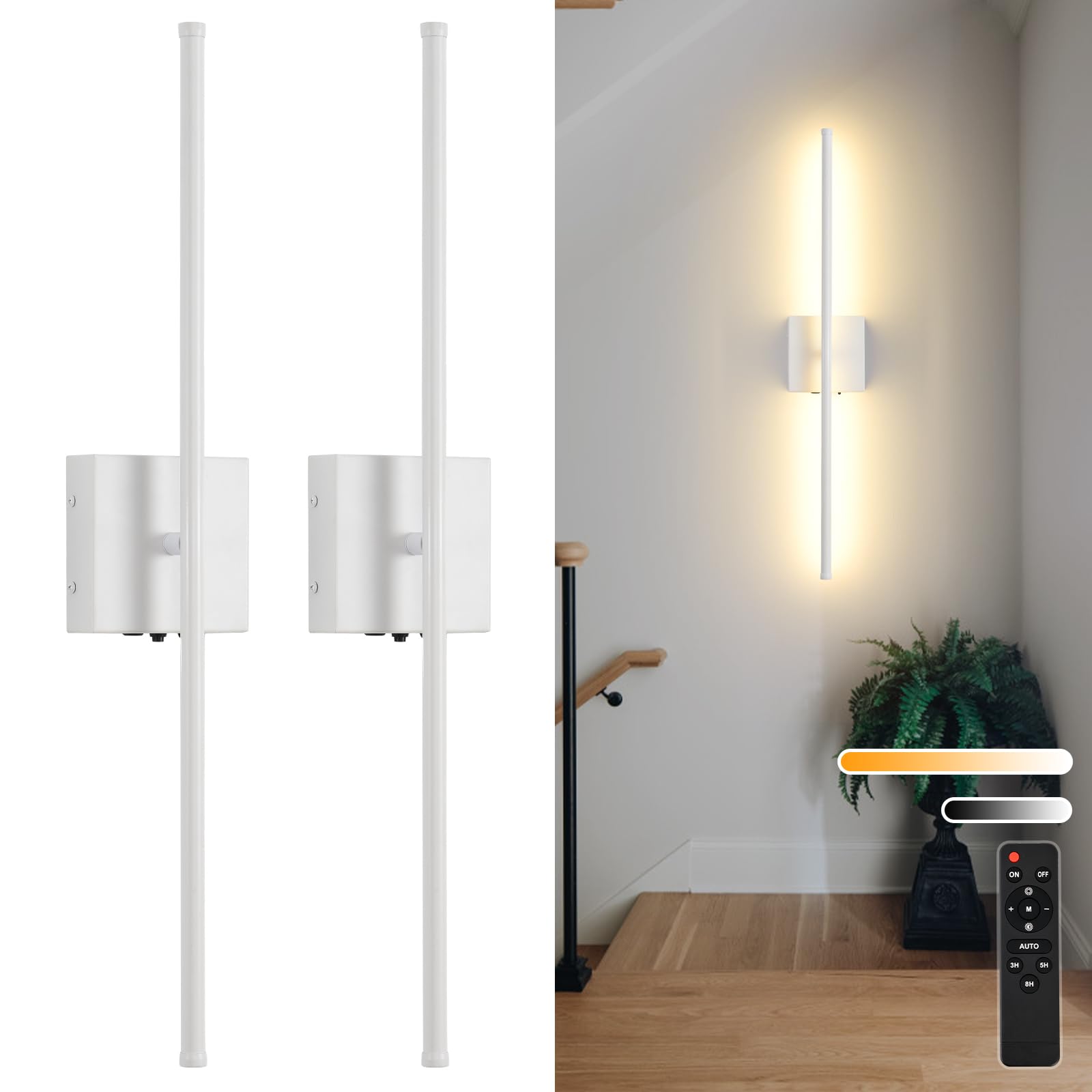 Battery Operated Wall Sconces Set of 2, 11000mAh Wireless Rechargeable White Wall Lights with Remote Control, 350Rotate Dimmable