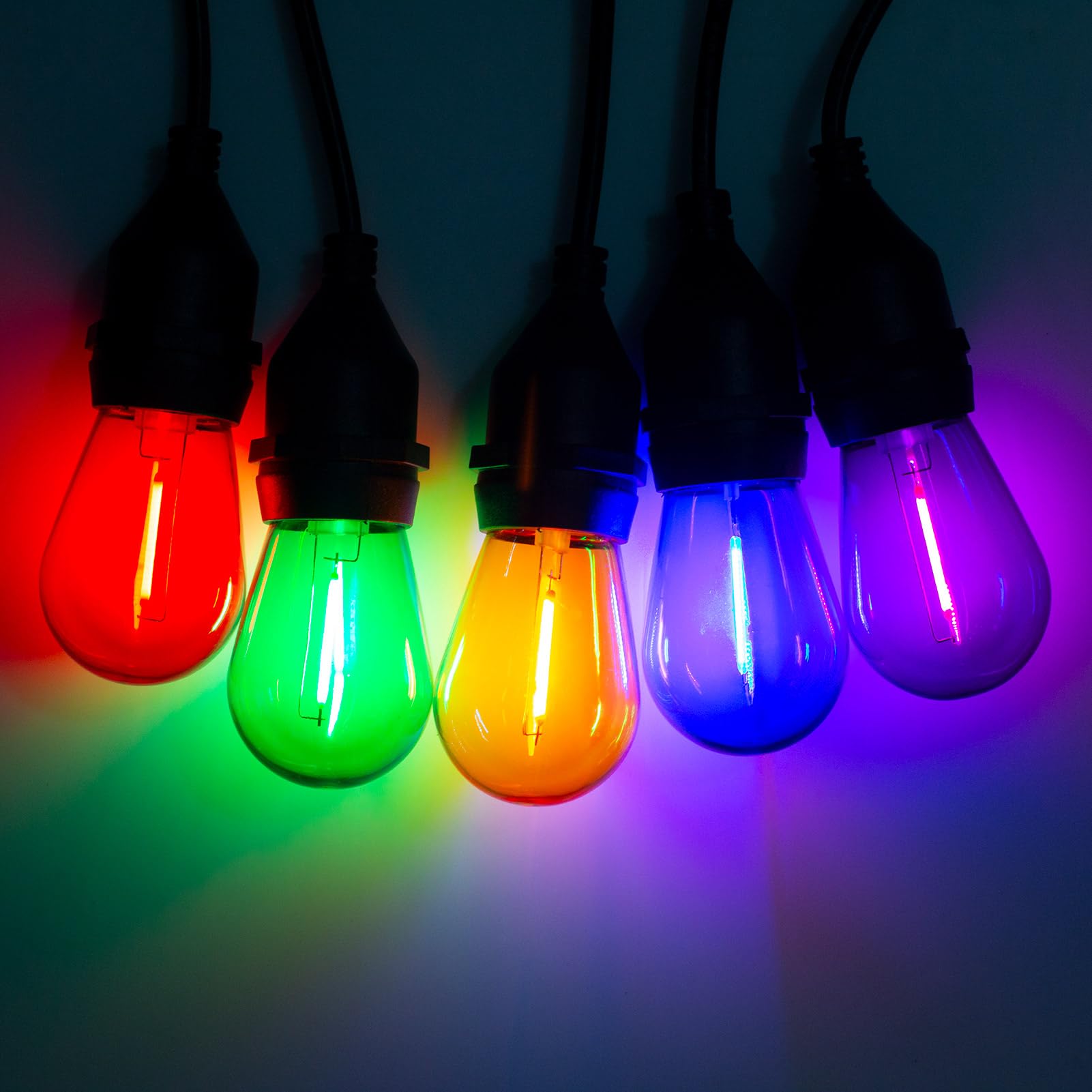 VISTERLITE S14 Colored LED String Lights, 15 Pack, Shatterproof Plastic, E26 Base, Multi-Color (Red/Green/Blue/Purple/Orange)