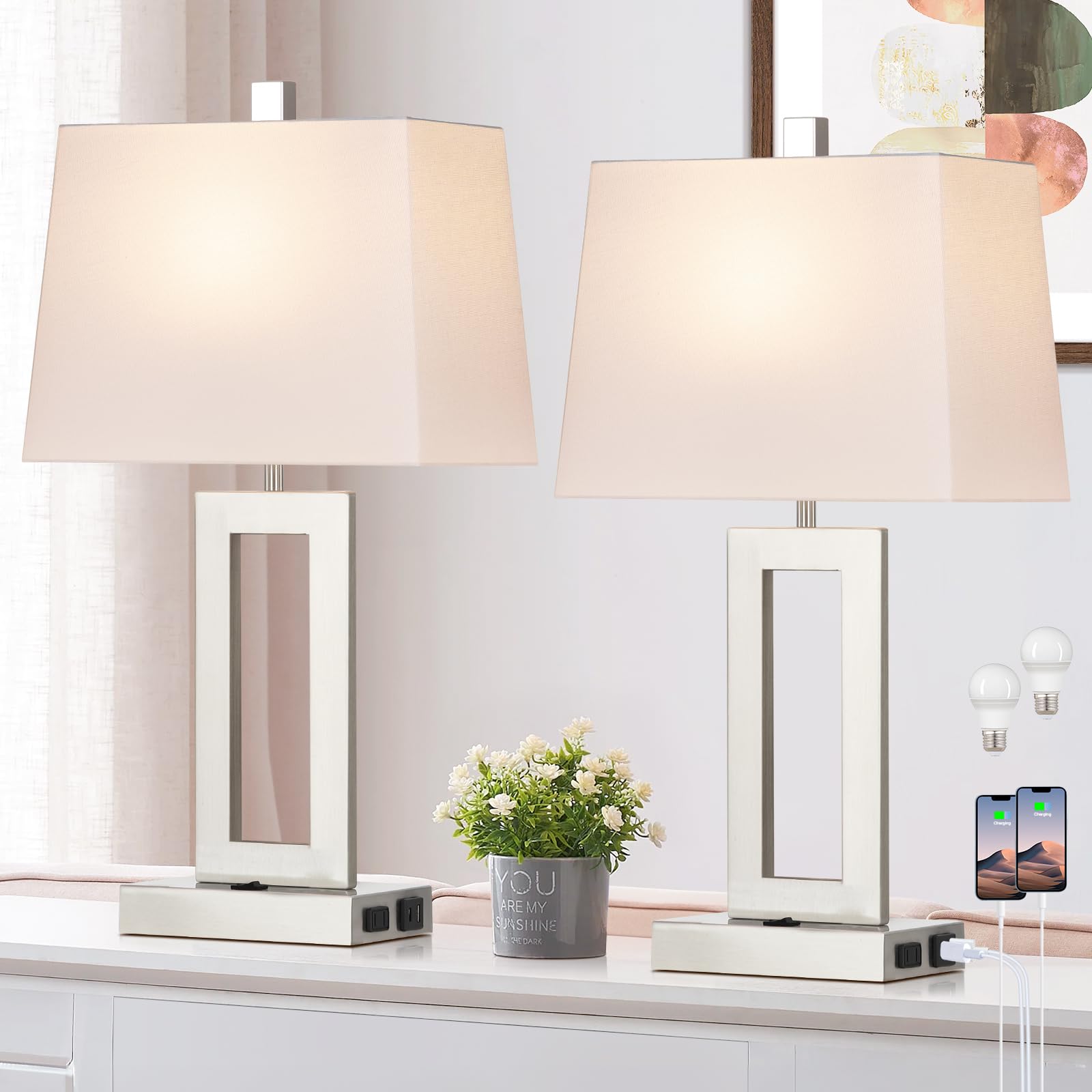 Cinkeda Table Lamp Set of 2 with USB C+A Ports & AC Outlet, Bedside Lamps, Modern Bedroom Lamps, Silver Lamps for Night Stands B