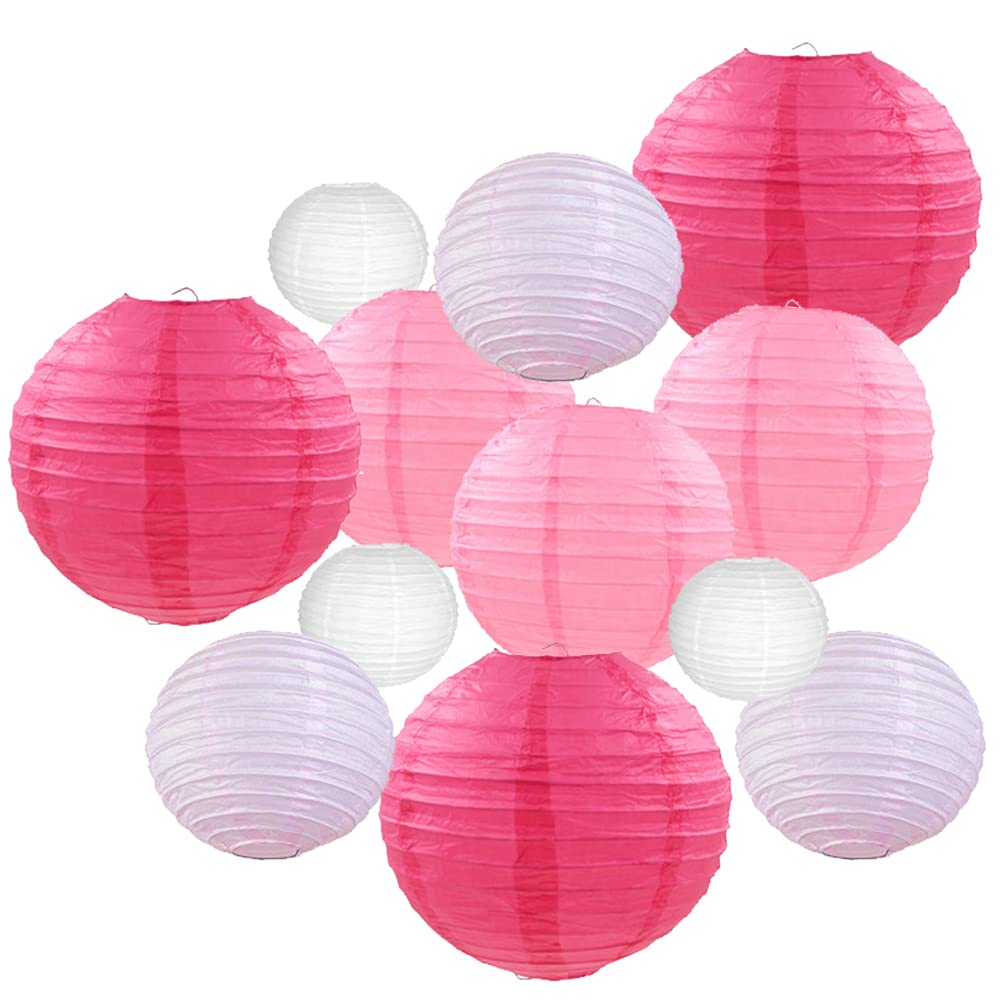 Famolay Pink Paper Lanterns 12 Pcs Assorted size of 6'' 8'' 10'' 12'' Chinese Round Paper Hanging Decorations Ball Lanterns Lamp
