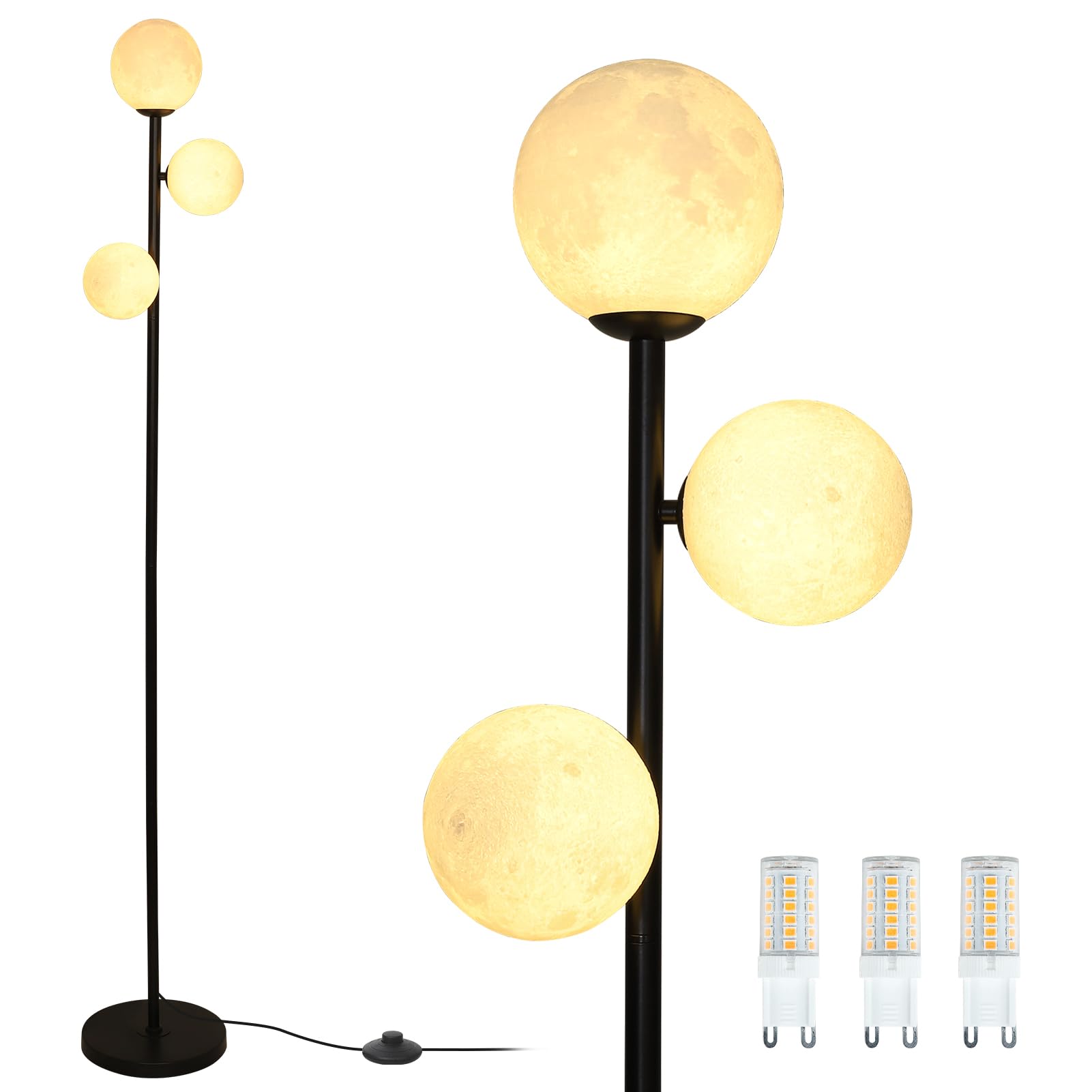 3 Globe Floor Lamps for Living Room, Black Standing Lamp with LED G9 Bulbs, Modern Floor Lamp with 3D Moon Printing Frosted Shad