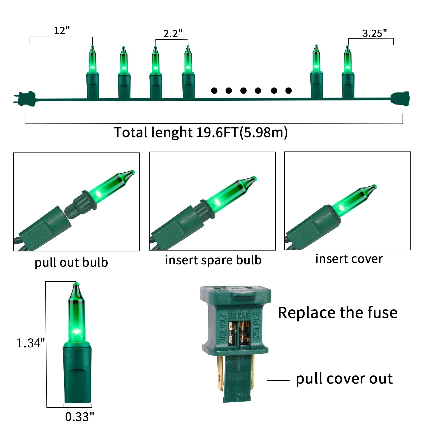 Twinglehome Ultra-Bright Connects End To End Green Christmas Mini Lights 100L 19.6Ft Ul Listed Incandescent Bulb String Light Set For Indoor Outdoor Holiday Garden Party Christmas Tree Garland Decor
