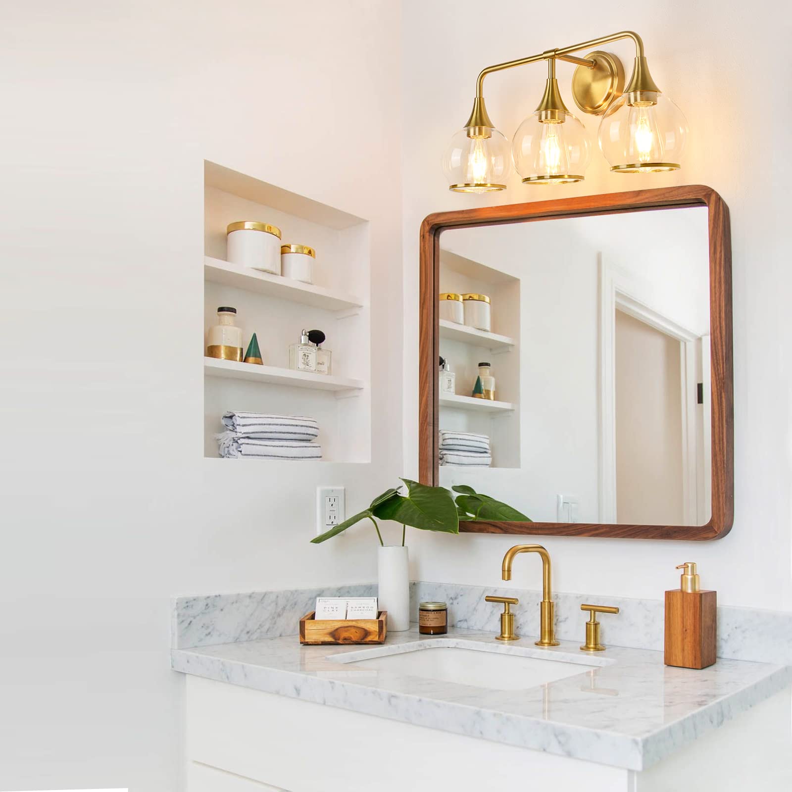 Hahzt Gold Bathroom Vanity Light 3-Lights Bathroom Light Fixtures Over Mirror With Clear Glass Shade 22.4 Inch Wall Sconce Light