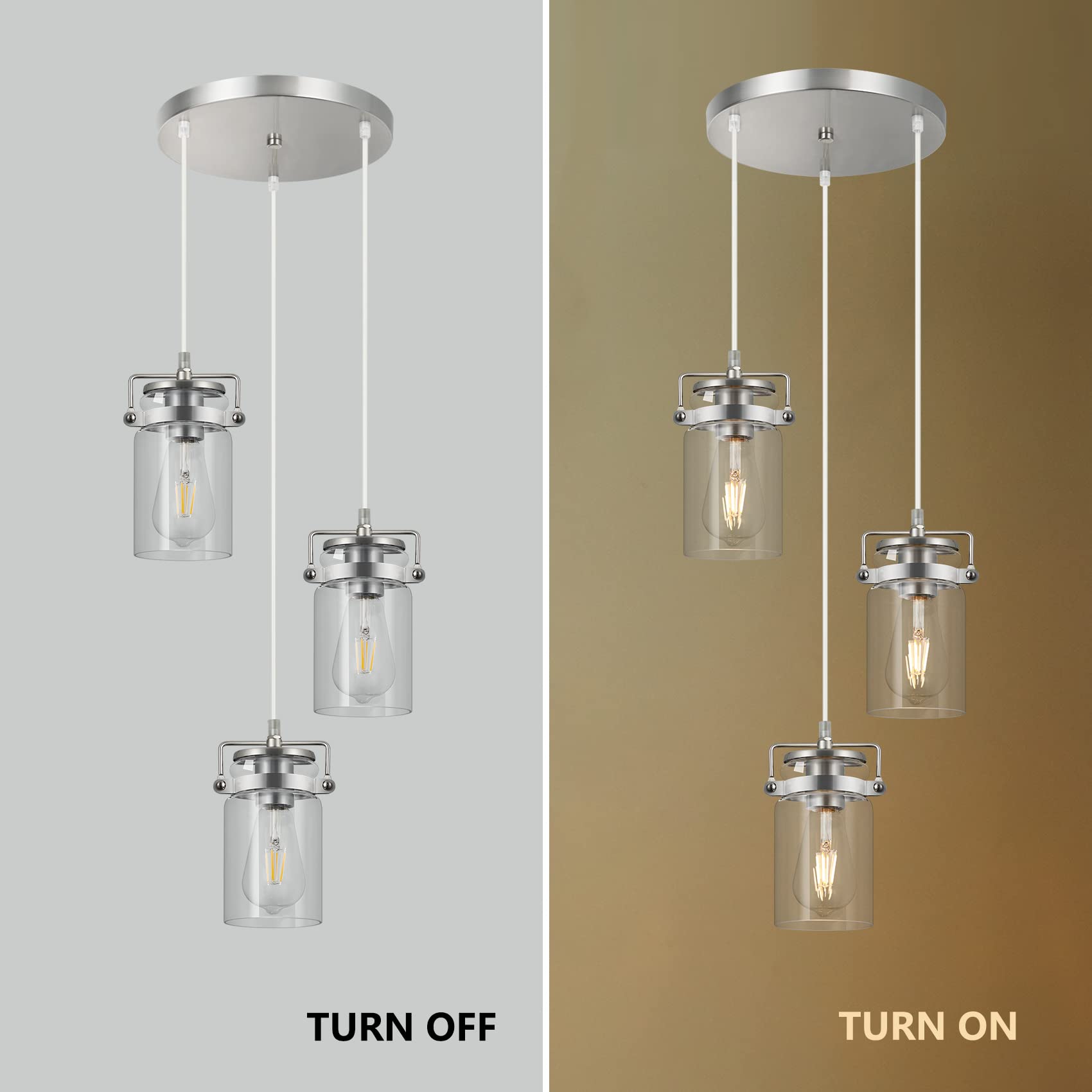 Pendant Lighting For Kitchen Island  Modern Glass Pendant Light Linear Chandelier For Dining Room Industrial 3 Light Hanging Light Fixture Adjustable Cord Farmhouse Ceiling Light Brushed Nickel Finish