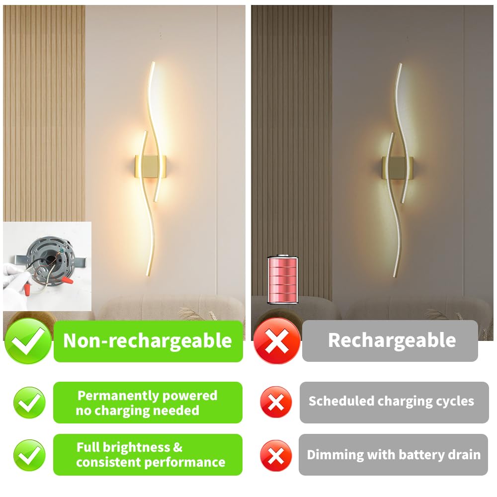 Daunton Modern Wall Sconces Set of 2, Dimmable LED, Gold, 40.5in, Hardwired, Remote Control, Indoor Lighting for Living Room, Bedroom