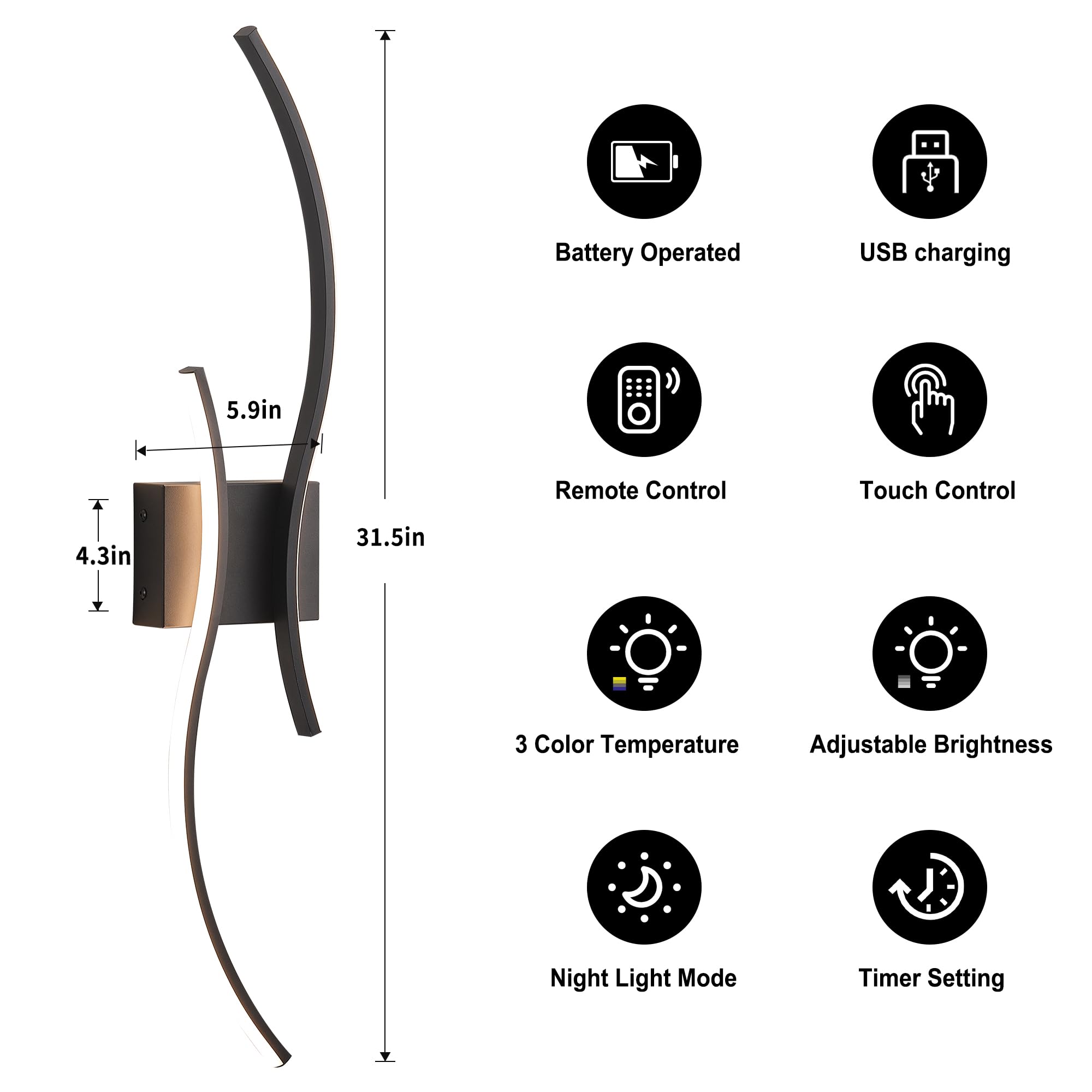 KARTOOSH Battery Operated Wall Sconces, LED Dimmable, 3000K-6000K, 27.5 Inch, Black, Set of Two with Remote Control