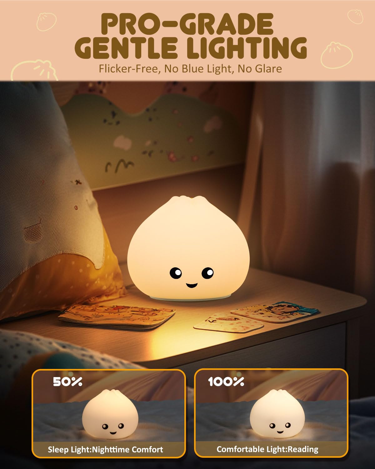 loatme Night Light for Kids, Rechargeable Silicone LED Lamp, Dimmable, 7 Colors, Model P007, BaoZi Color
