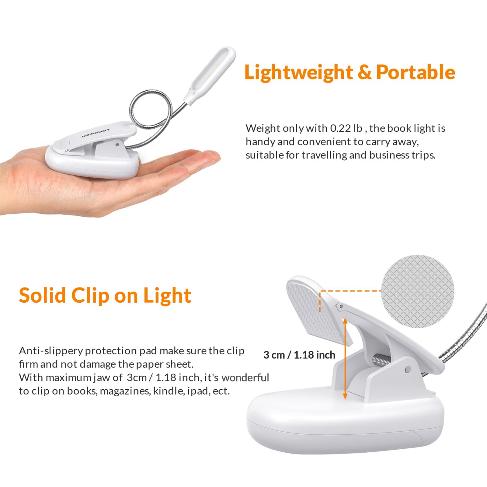 Lepower Clip-On Book Light With 5 Led Eye Care, 3 Color Changeable, Portable Reading Lamp, Battery Operated, Bed Light For Kids,