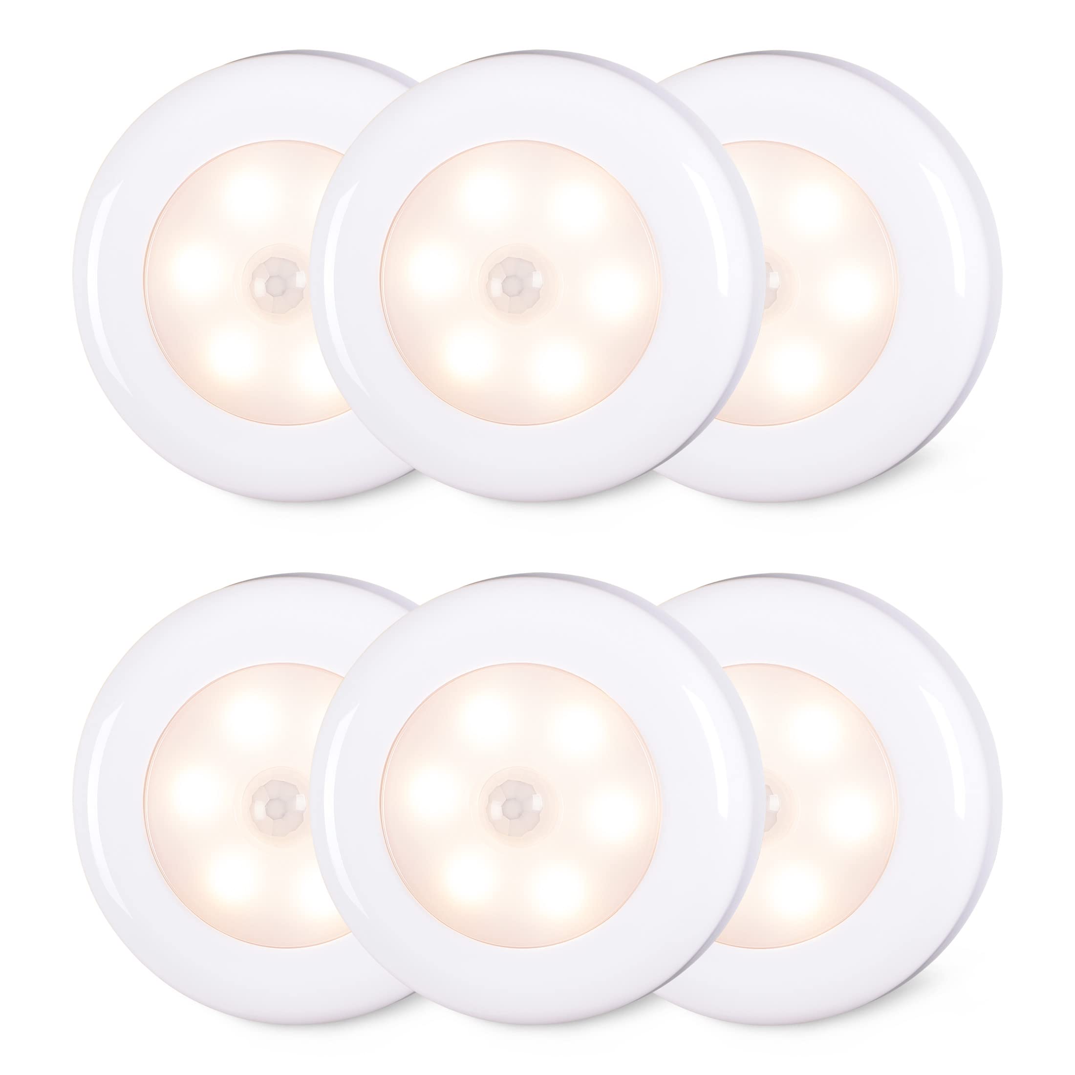 STAR-SPANGLED 6 Pack 2.8  Motion Sensor Lights Indoor AAA Battery Operated  Stick on LED Puck Light for Stairs  Under Cabinet  Closet  Warm White