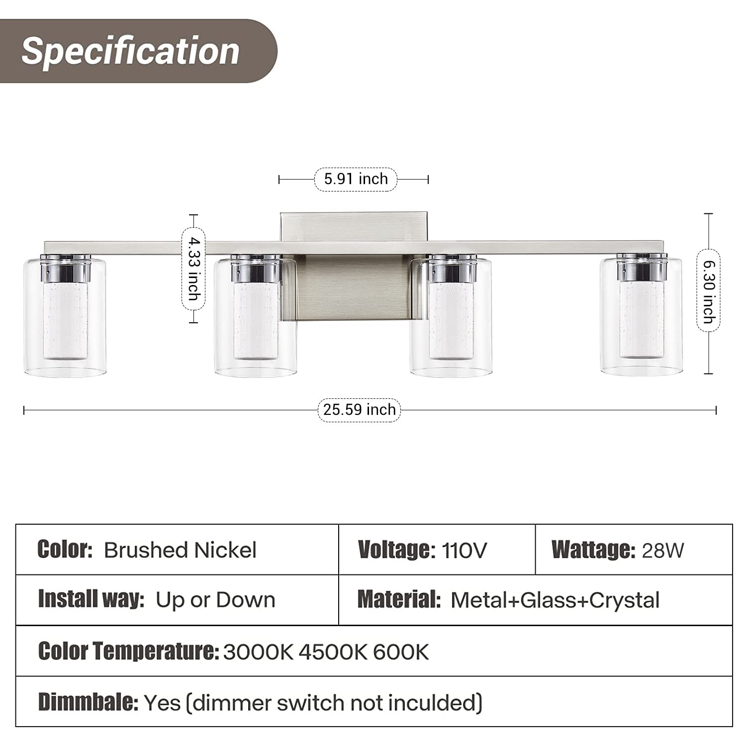 Stambord Bathroom Light Fixtures, 4 Light Brushed Nickel Vanity Light, Dimmable with Crystal Bubble Glass, Model B90-04-SB
