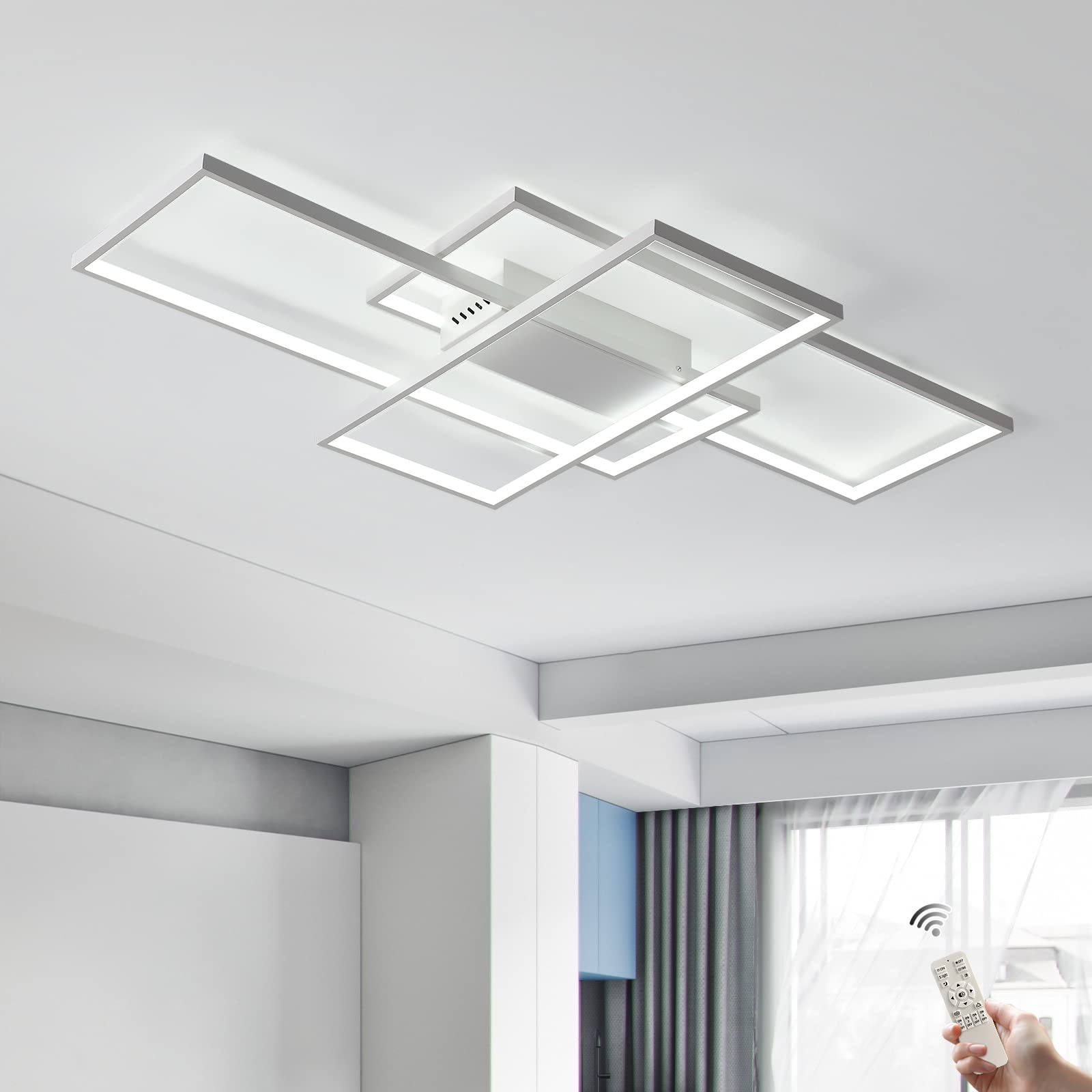 Geadi Dimmable Ceiling Light, 41.3In Flush Mount Ceiling Lamp Remote Control Modern Chandelier, 68W Square White Acrylic Close T