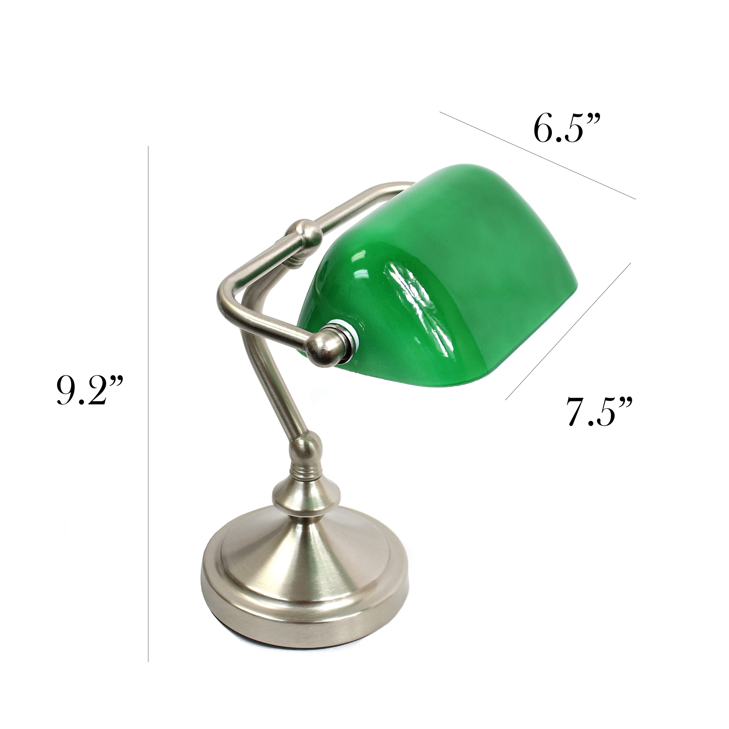 Simple Designs Mini Traditional Bankers Lamp, Brushed Nickel, Glass Shade, Green, Model LT3057-GRN