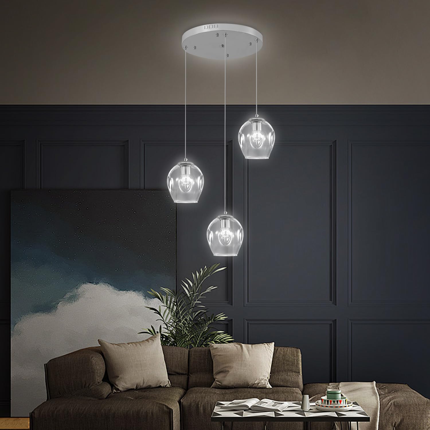 3-Light Silver Chandelier With Led Bulbs & Clear Glass Shade Ceiling Light Pendant Light For Kitchen Island, Dining Room, Living