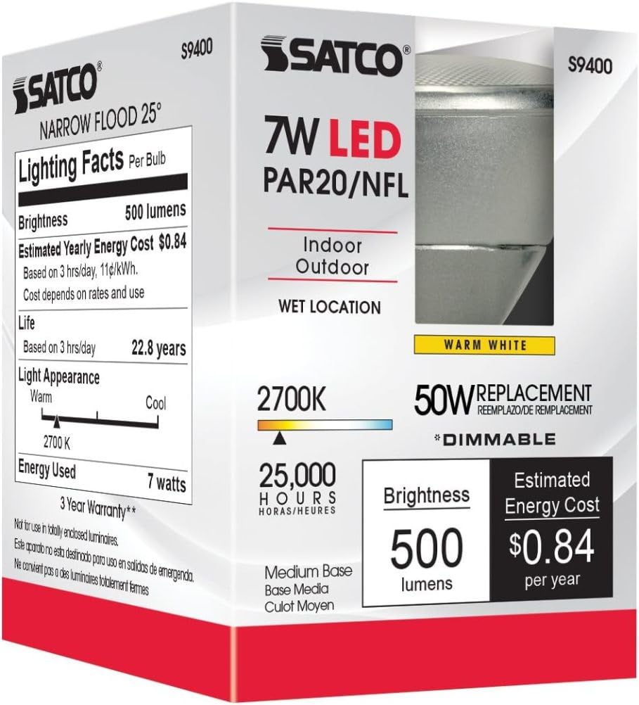 Satco Par20 LED Light Bulb, 7W, 2700K Warm White, Medium Base, Model S9400, 1 Count