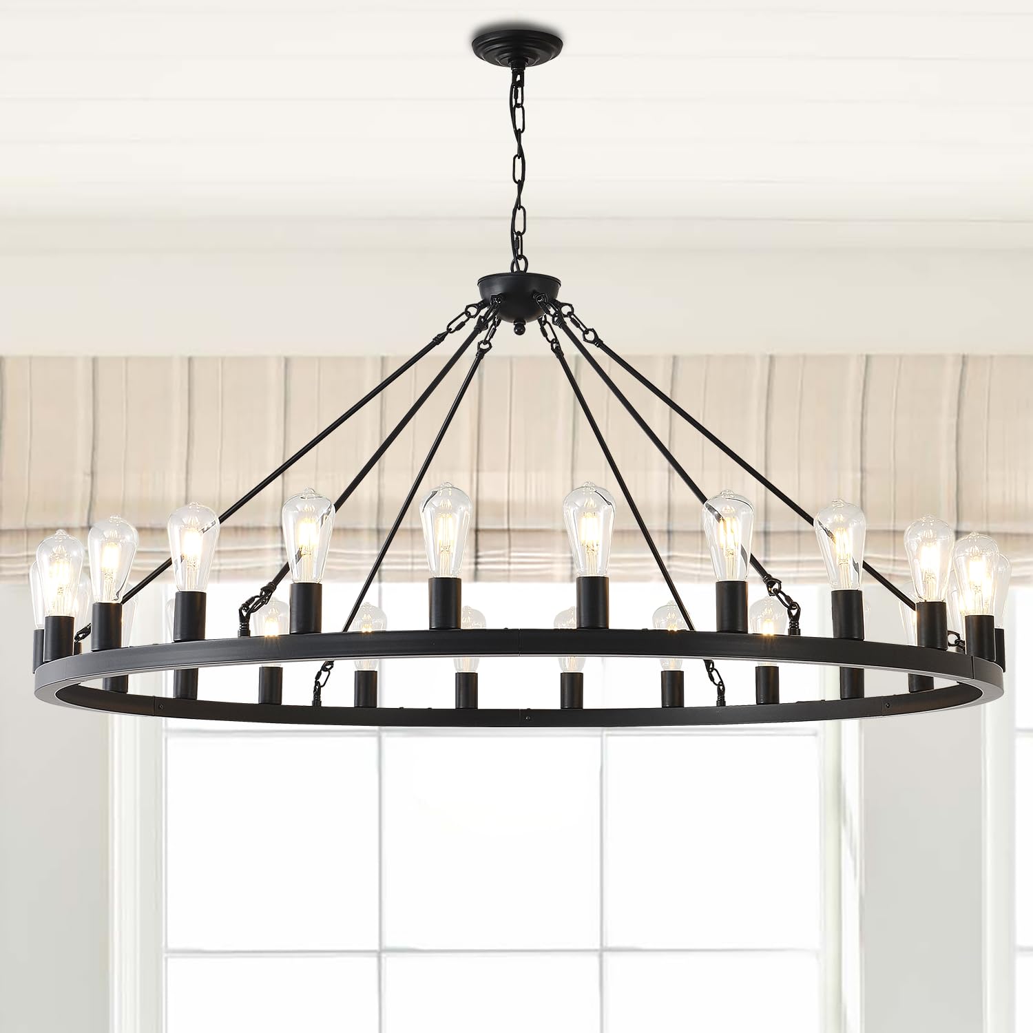 53    Large Farmhouse Wagon Wheel Chandelier,Black Rustic Chandelier 24-Lights,Round Dining Room Light With Adjustable Height,In