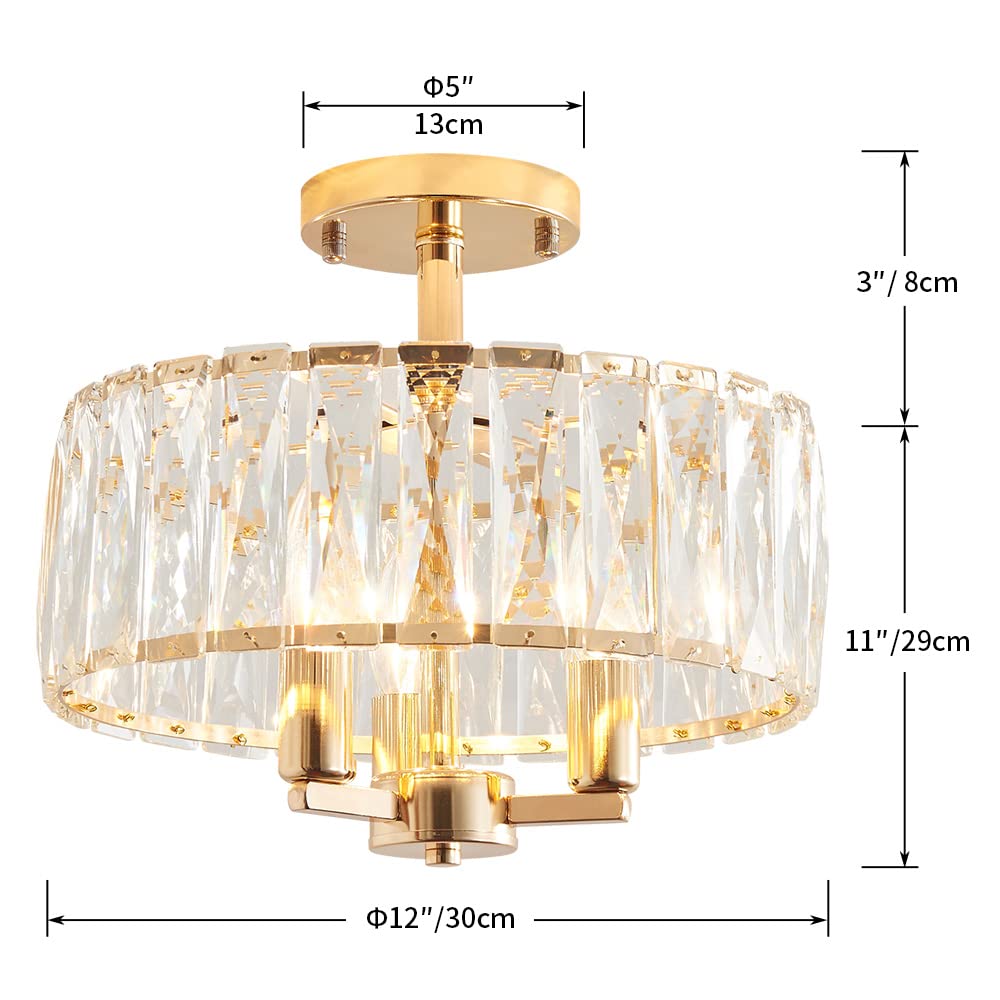 Agv Lighting Cl003G K9 Crystal Semi Flush Mount Ceiling Light Fixture, E12 Base 3-Lights, D13 X H15, Shine Gold & Black Finish
