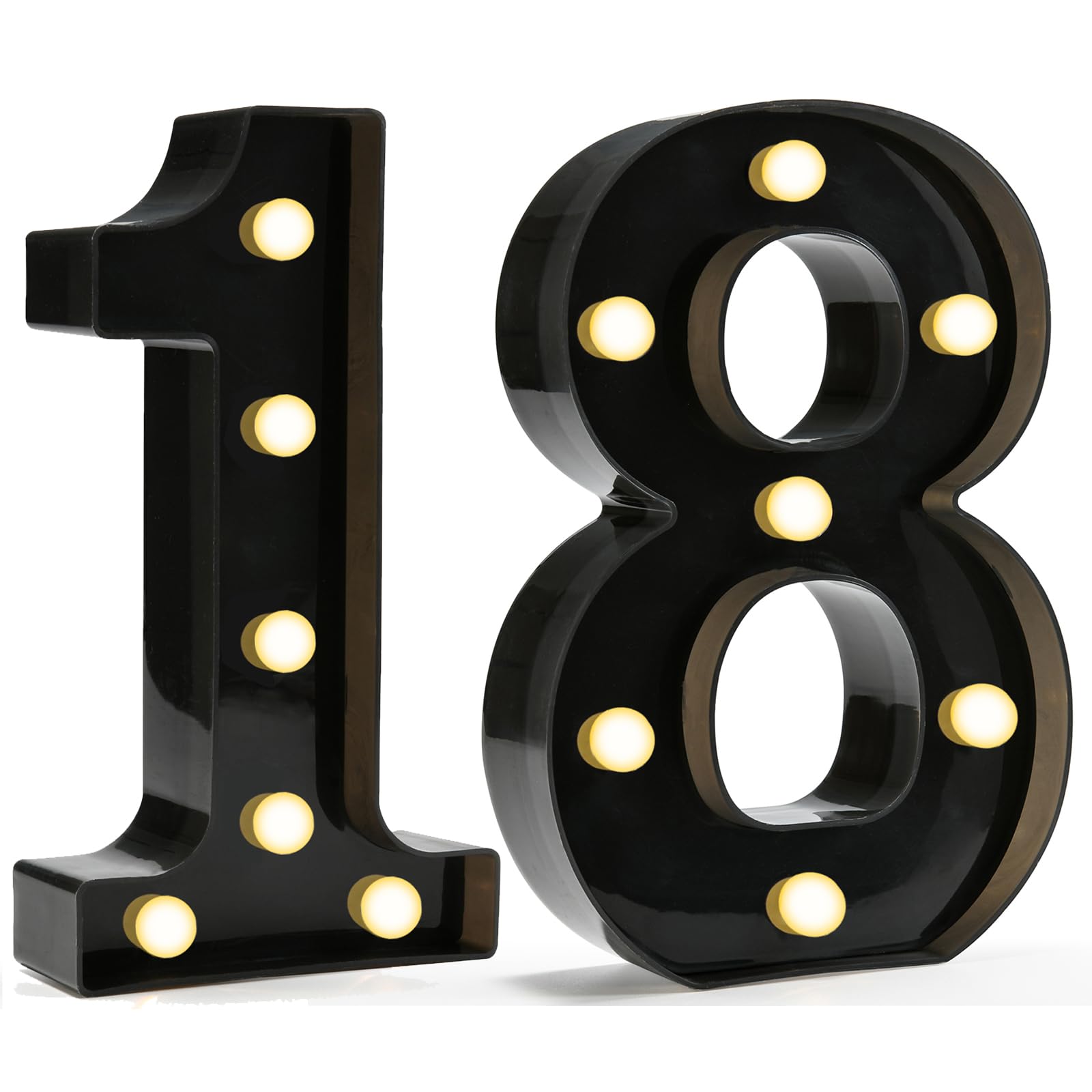 Pooqla Decorative LED Marquee Number Lights Sign, Battery Operated, Black, Number 18, Model LL-BLC-18