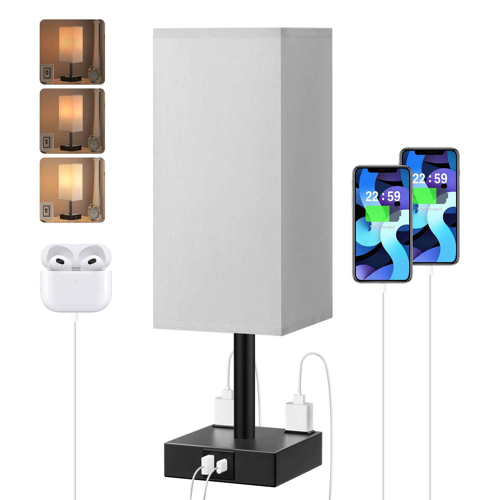 Touch Bedside Table Lamp For Nightstand - 3-Way Dimmable Night Lamp with USB A + Type C Charging Ports and two AC Outlets, Small
