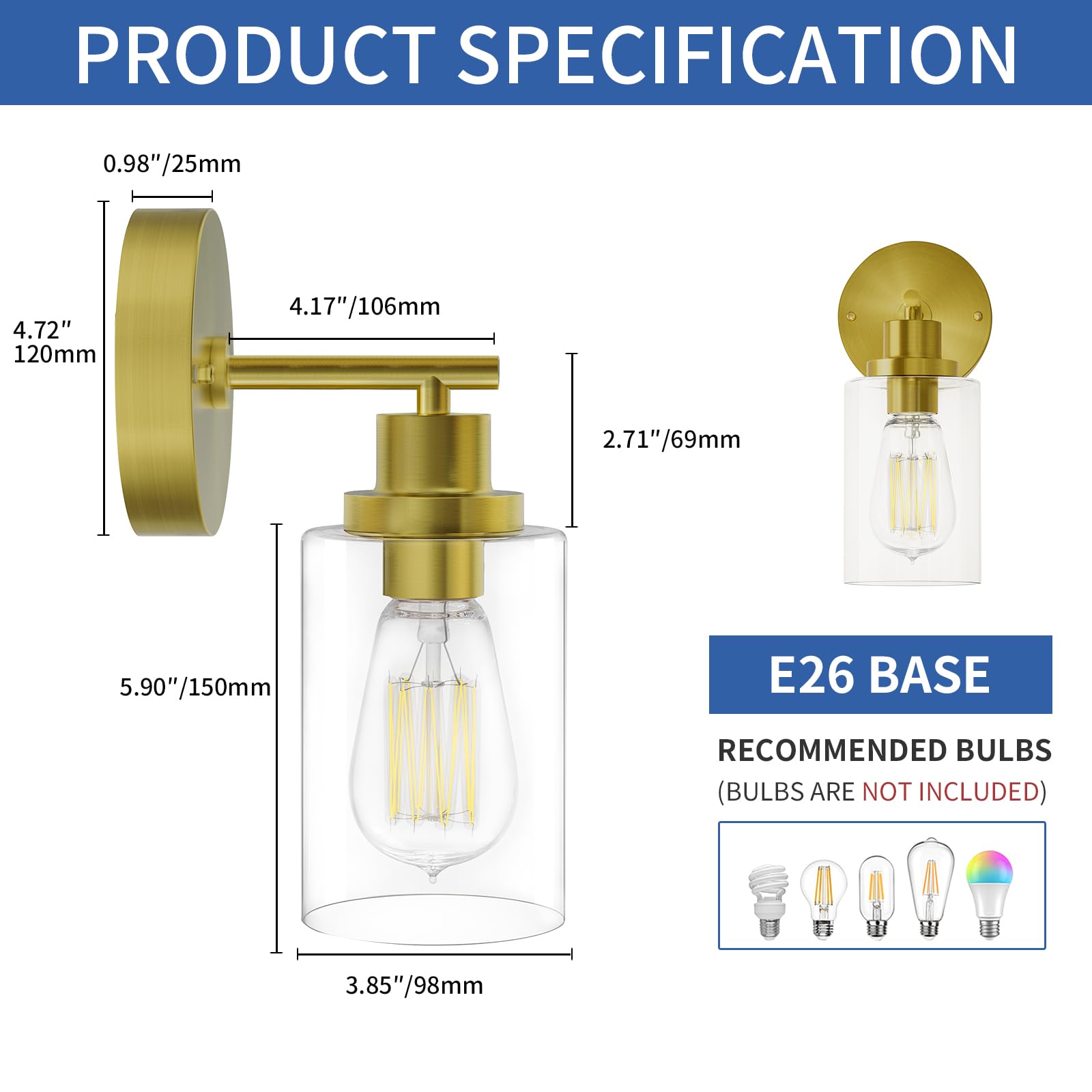 GORDNWE 1-Light Bathroom Wall Sconce, Brushed Gold, Metal, Clear Glass Shade, E26 Bulb Base, Model J0018