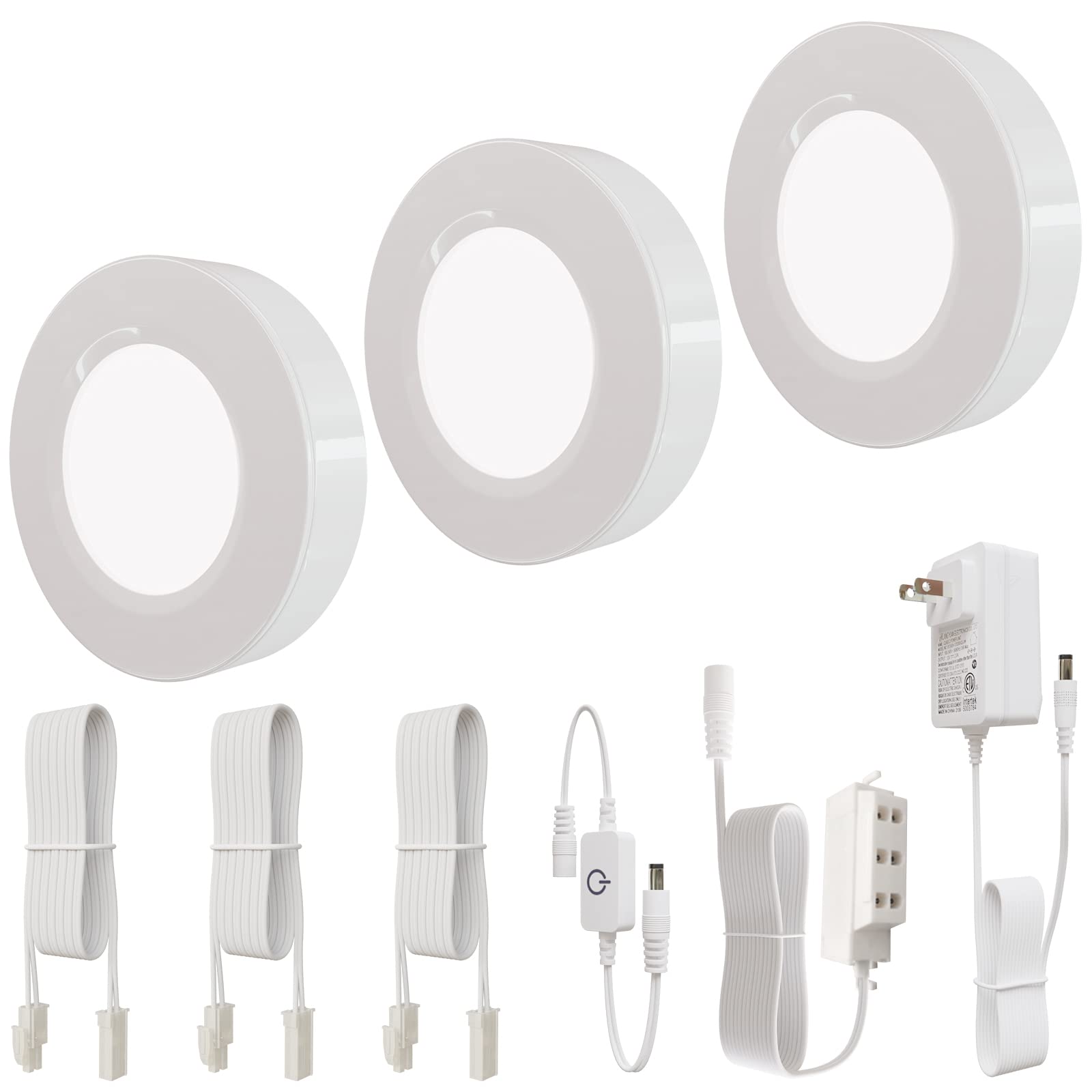 L5L3D LED Puck Lights Wired, Dimmable Under Cabinet Lights Aluminum Housing with Touch Switch, 3 Pack 9W 3000K Warm White for Ki