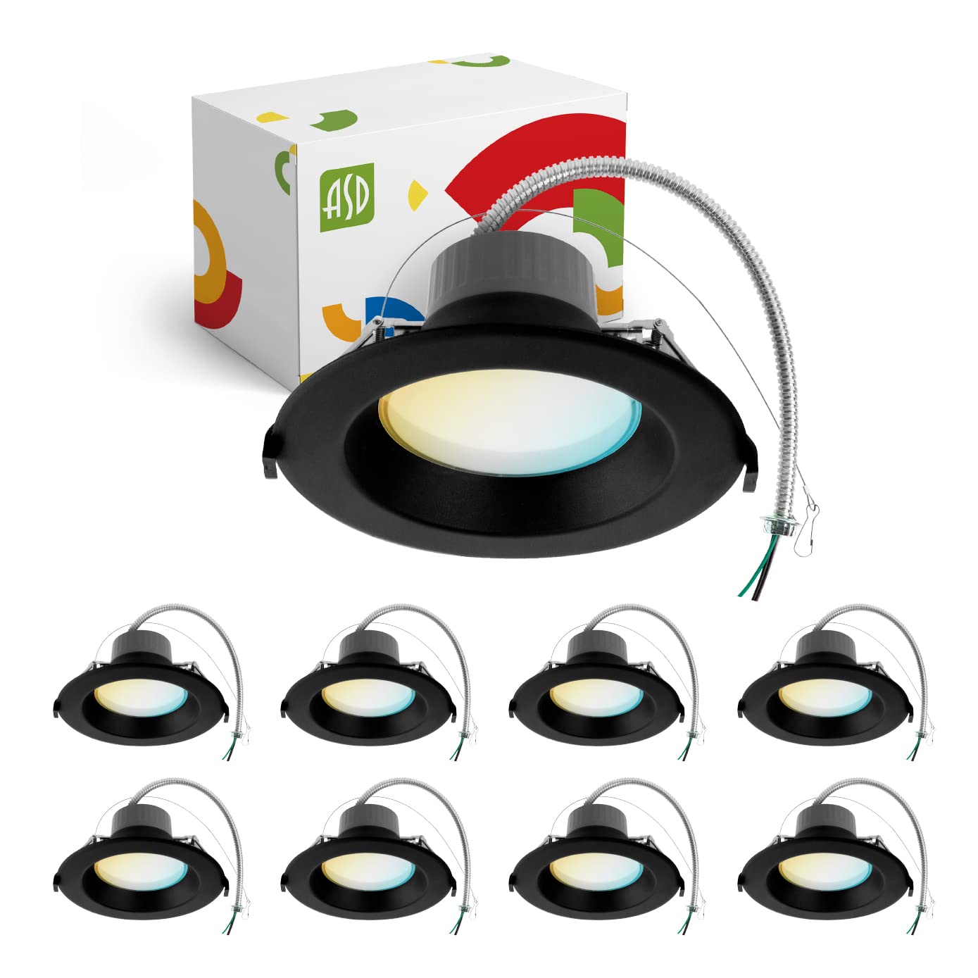 ASD 6 Inch Canless LED Downlight, 10/15/22W, Dimmable, 5 Color Temps, 120-277V, Aluminum, 8 Pack, Black