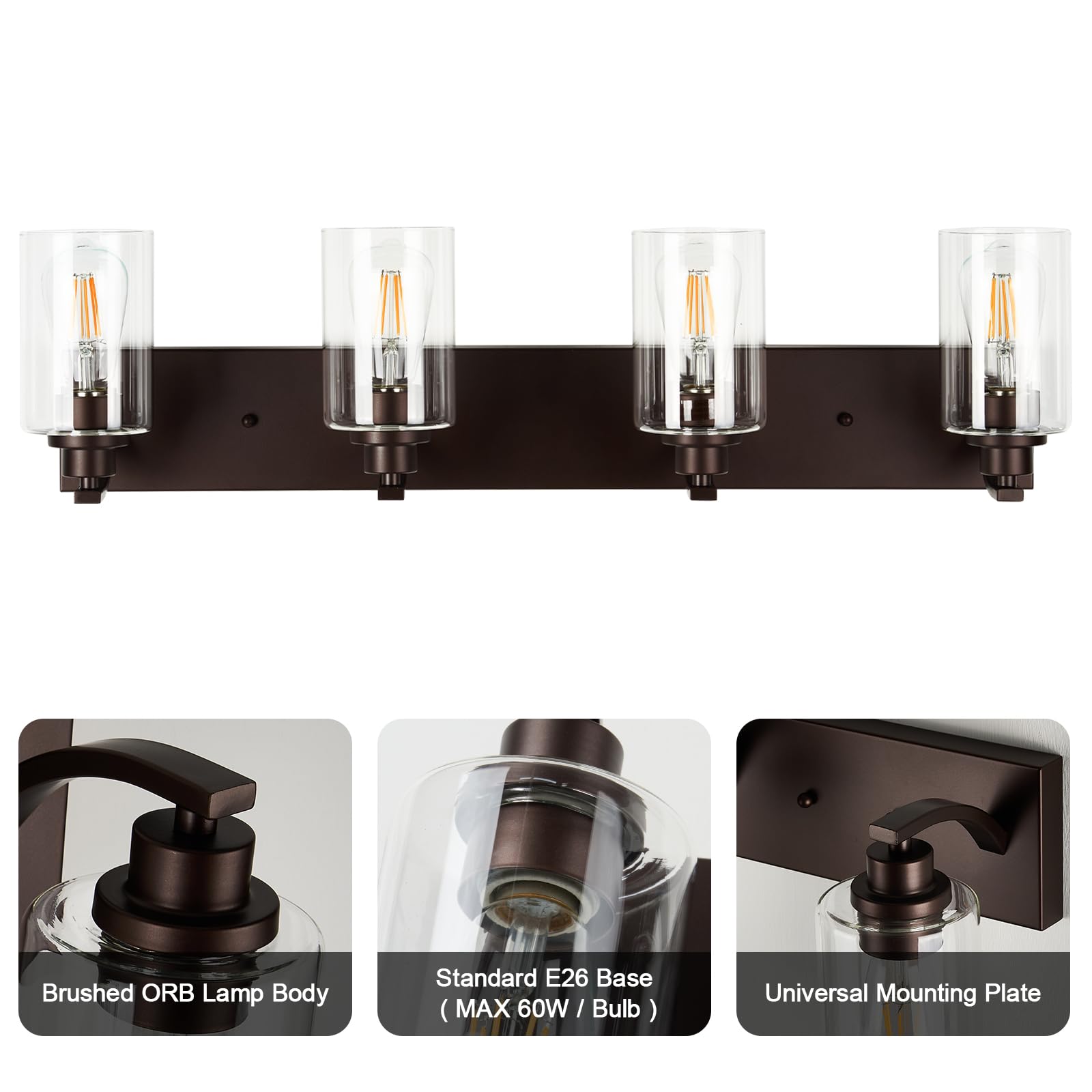 Alaislyc 4-Light Bathroom Light Fixtures Modern Orb Vanity Lights For Bathroom Lighting Fixtures Over Mirror With Clear Glass Shade For Cabinet Mirror Bedroom Hallway