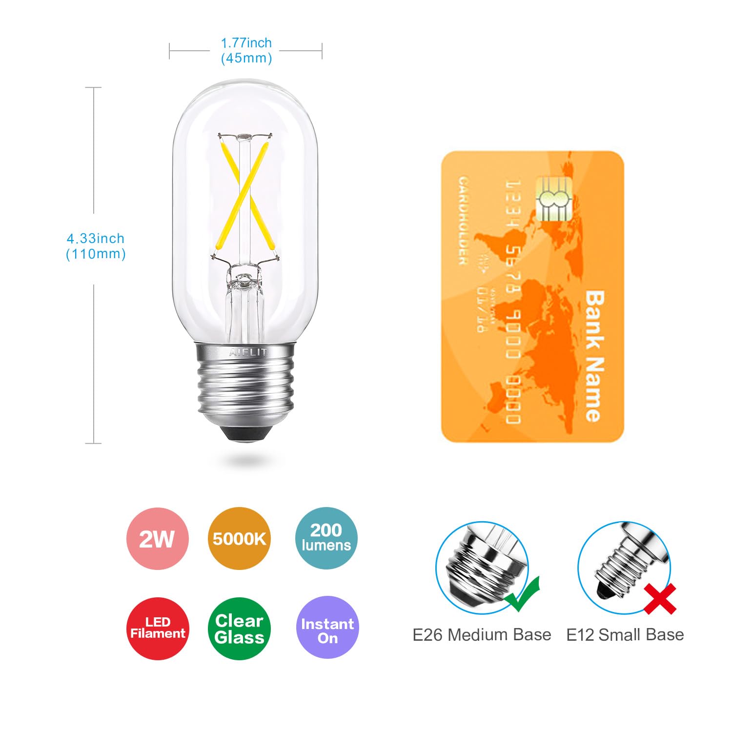 Aielit 25 Watt Equivalent E26 Led Light Bulb, Dimmable, Energy Efficient 2W, Daylight White 5000K 200Lm Tubular T14 T45 Led Tube