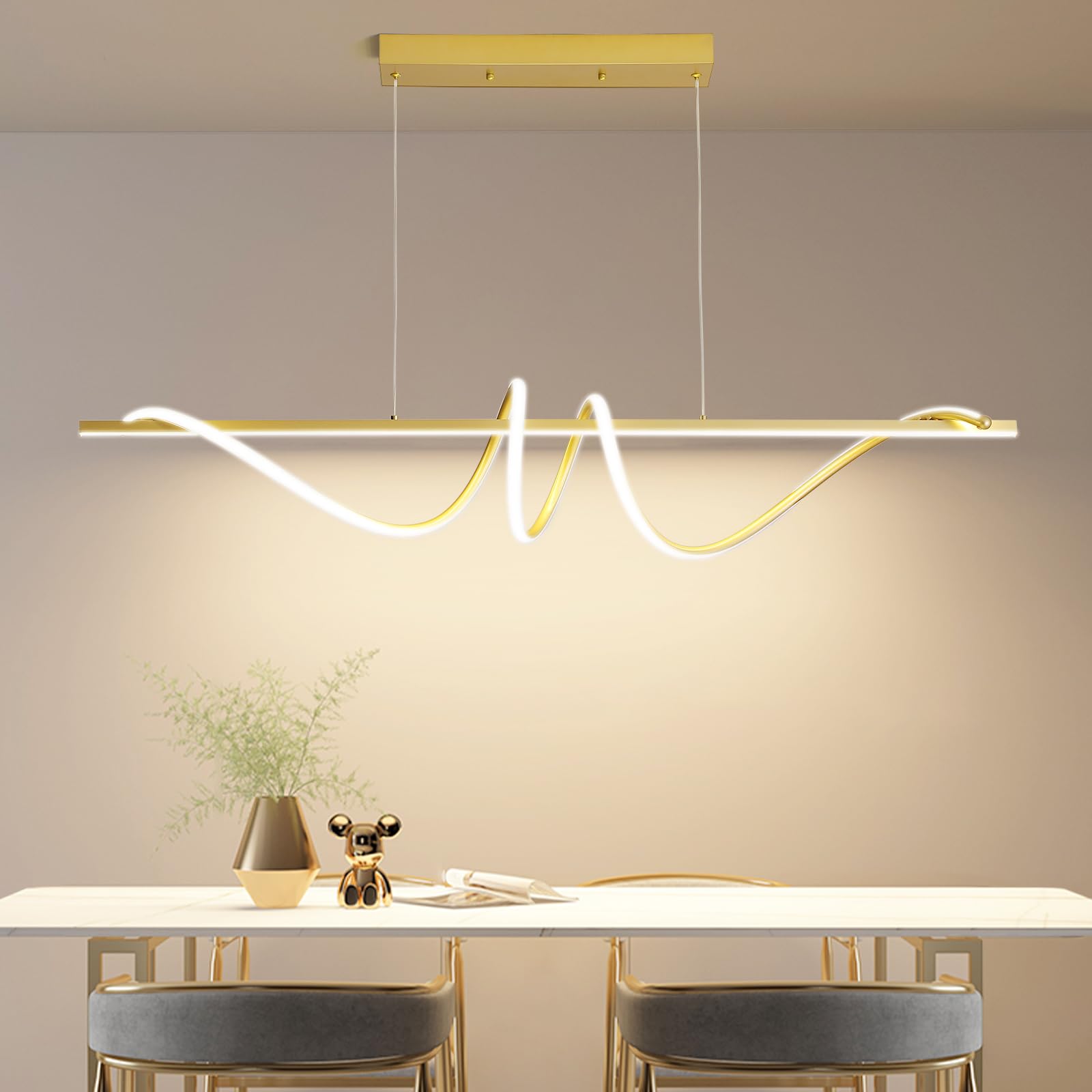 Modern Led Gold Pendant Light, 39In Ceiling Chandelier Fixtures Dimmable With Remote Control 3000K-6500K Adjustable Color Temperature,Aluminum Island Lighting Lamp For Dining Room, Living Room