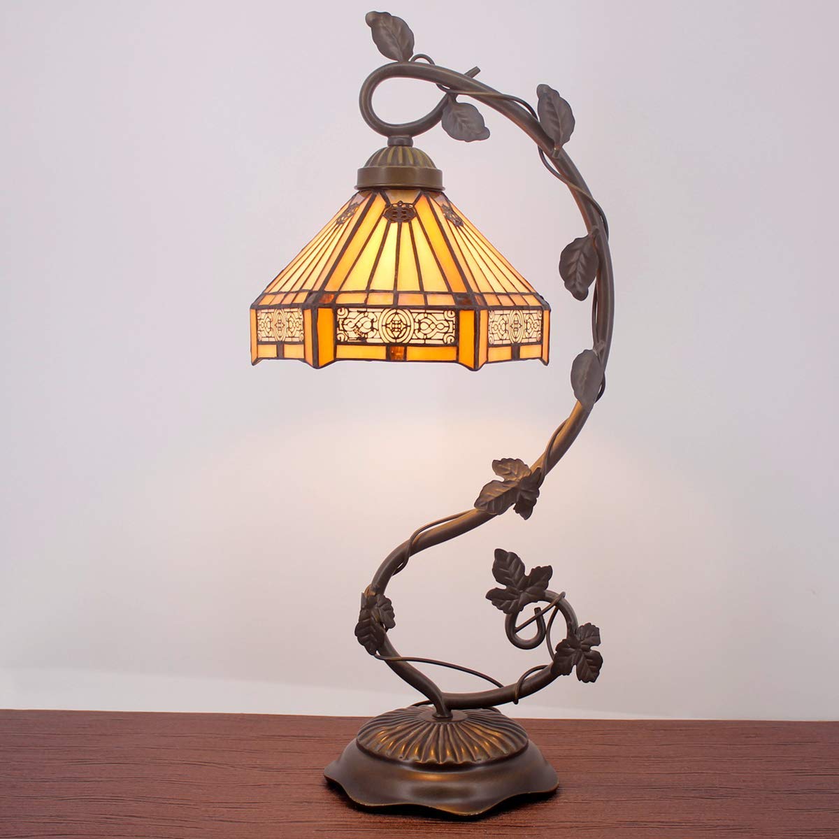 WERFACTORY Tiffany Lamp Stained Glass Table Lamp, Yellow Hexagon Mission, 8X10X21 Inches, Metal Leaf Base, S011 Series