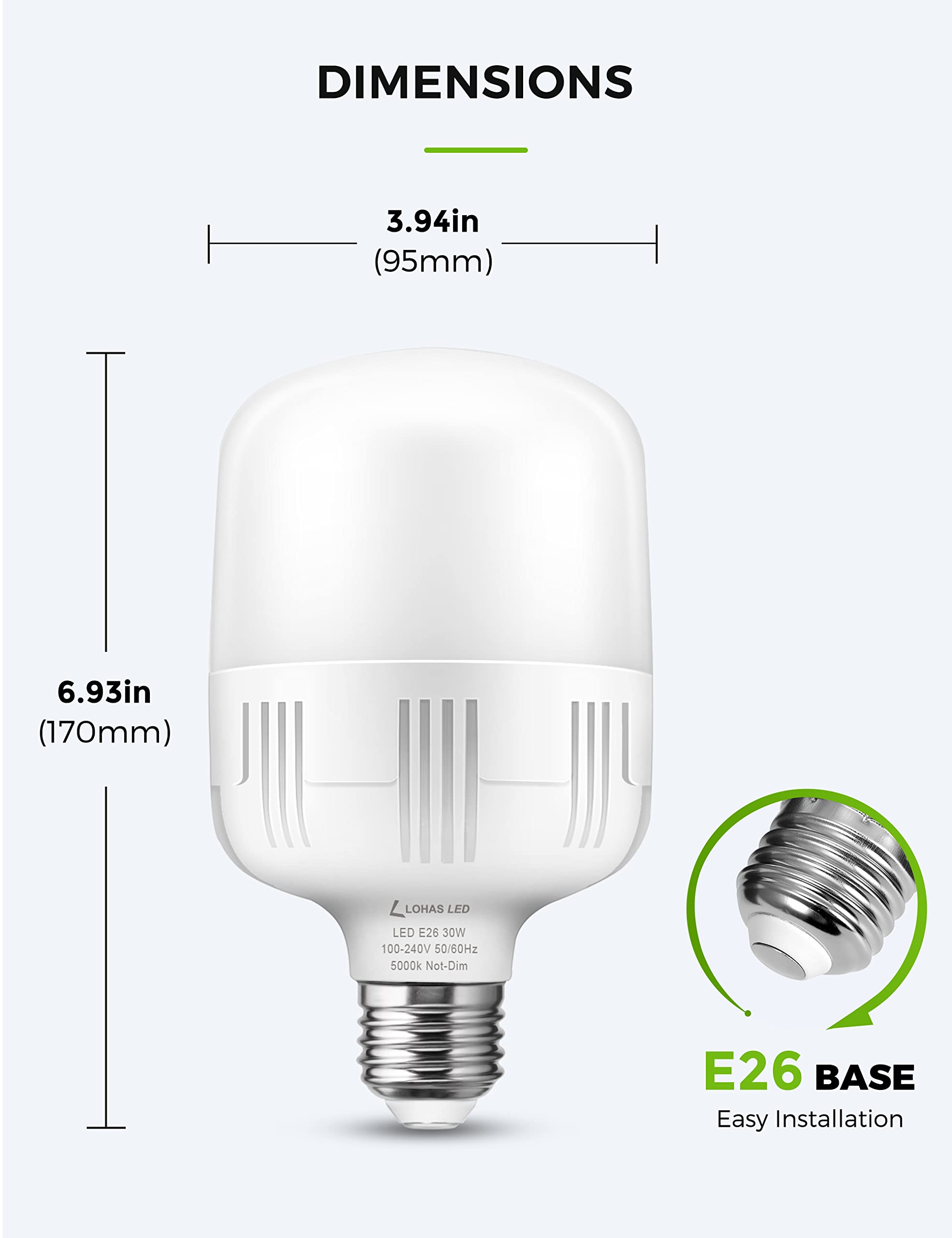 L LOHAS LED Super Bright 30W LED Bulbs, 250-300W Equivalent, 3400LM, Daylight White, E26/E39 Adapter, 2 Pack