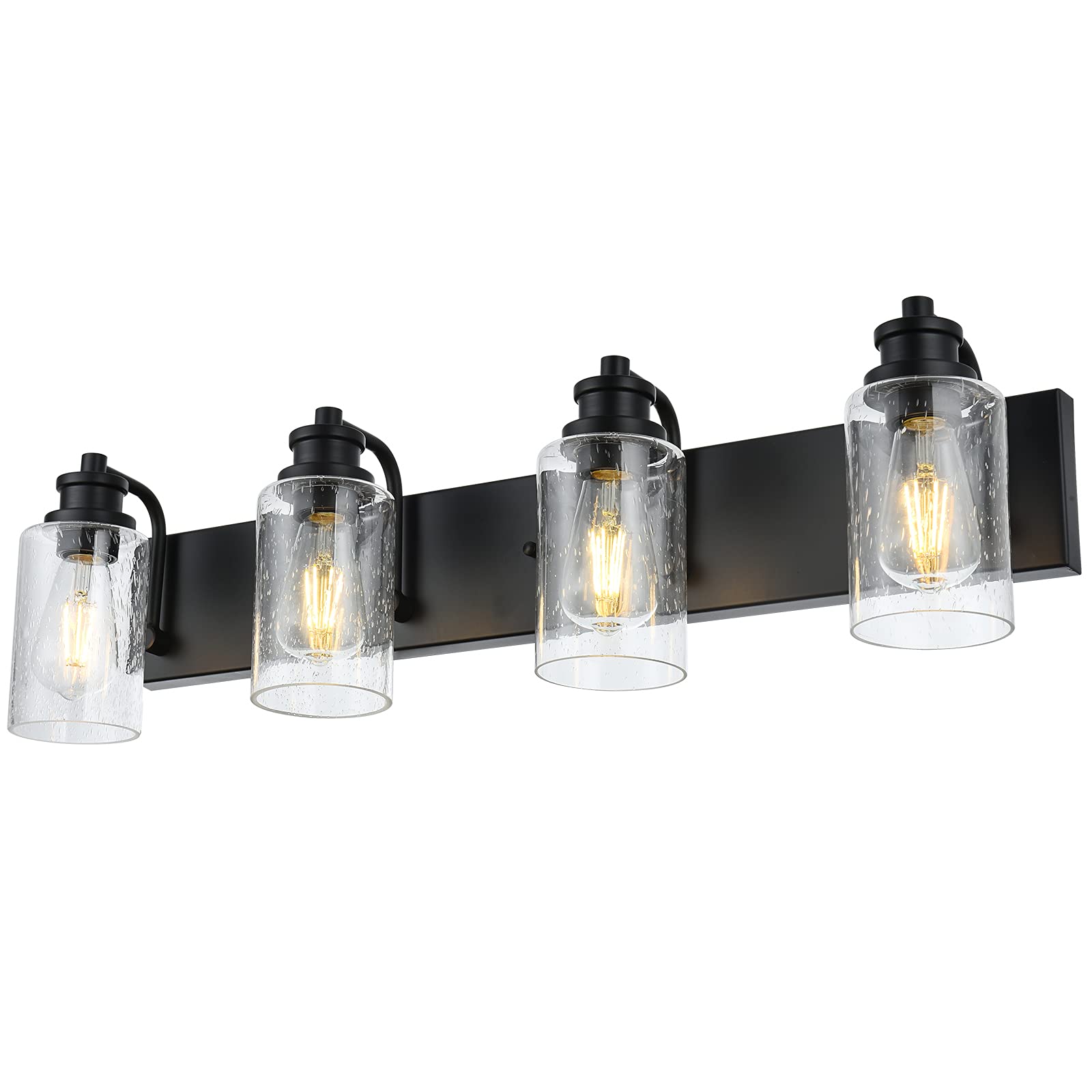 VINLUZ 4-Light Bathroom Vanity Light Fixtures, 28 Black Wall Sconce with Seedy Glass Shades, Modern Bathroom Lighting for Mirror