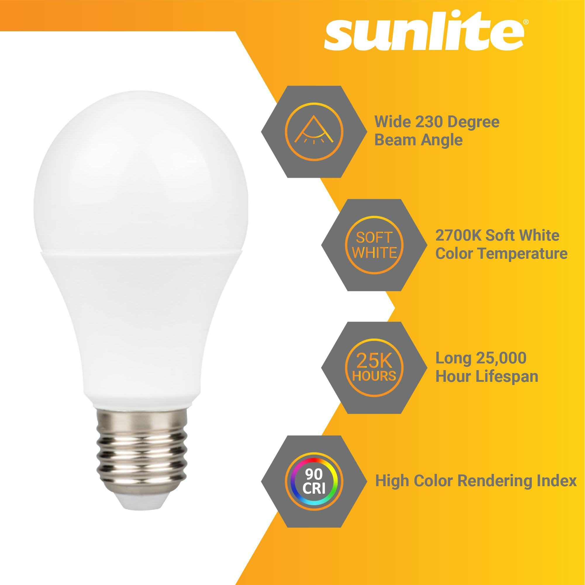Sunlite Led A19 Light Bulb, 9 Watts (60W Equivalent), 800 Lumens, 120V, Dimmable, Medium E26 Base, 90 Cri, 230 Degree Beam Angle